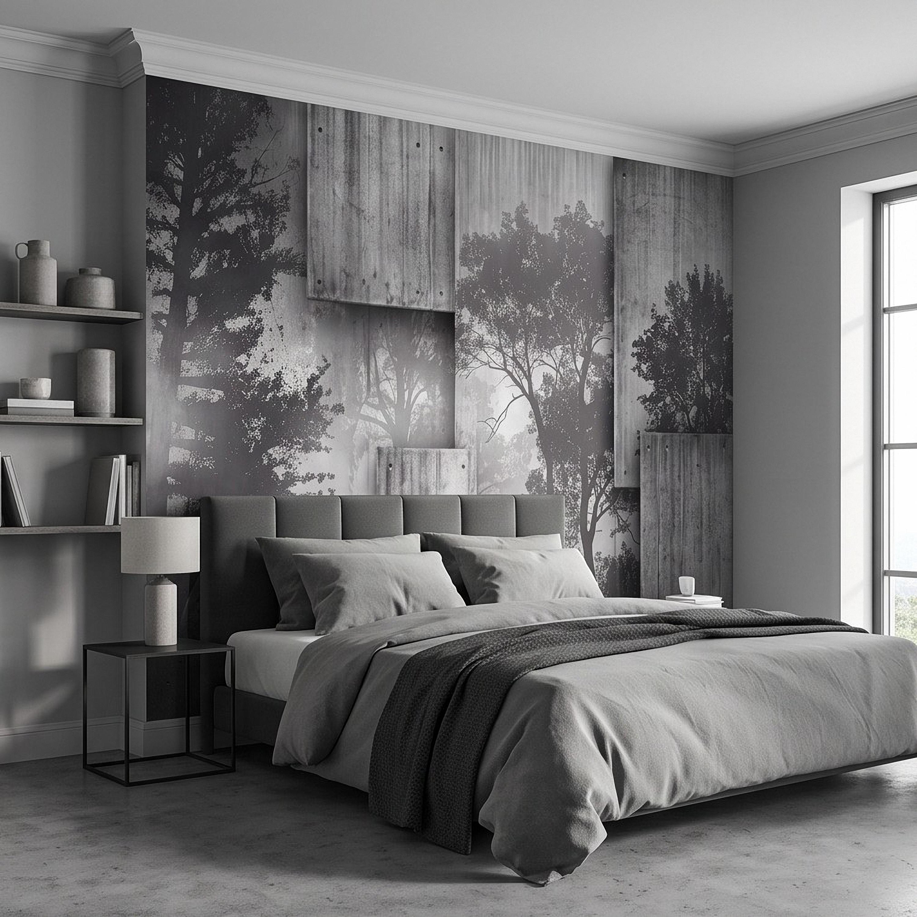 Industrial Concrete Peel and Stick Wall Mural, Layered Concrete Panels, Forest Silhouette, Modern Urban Wallpaper