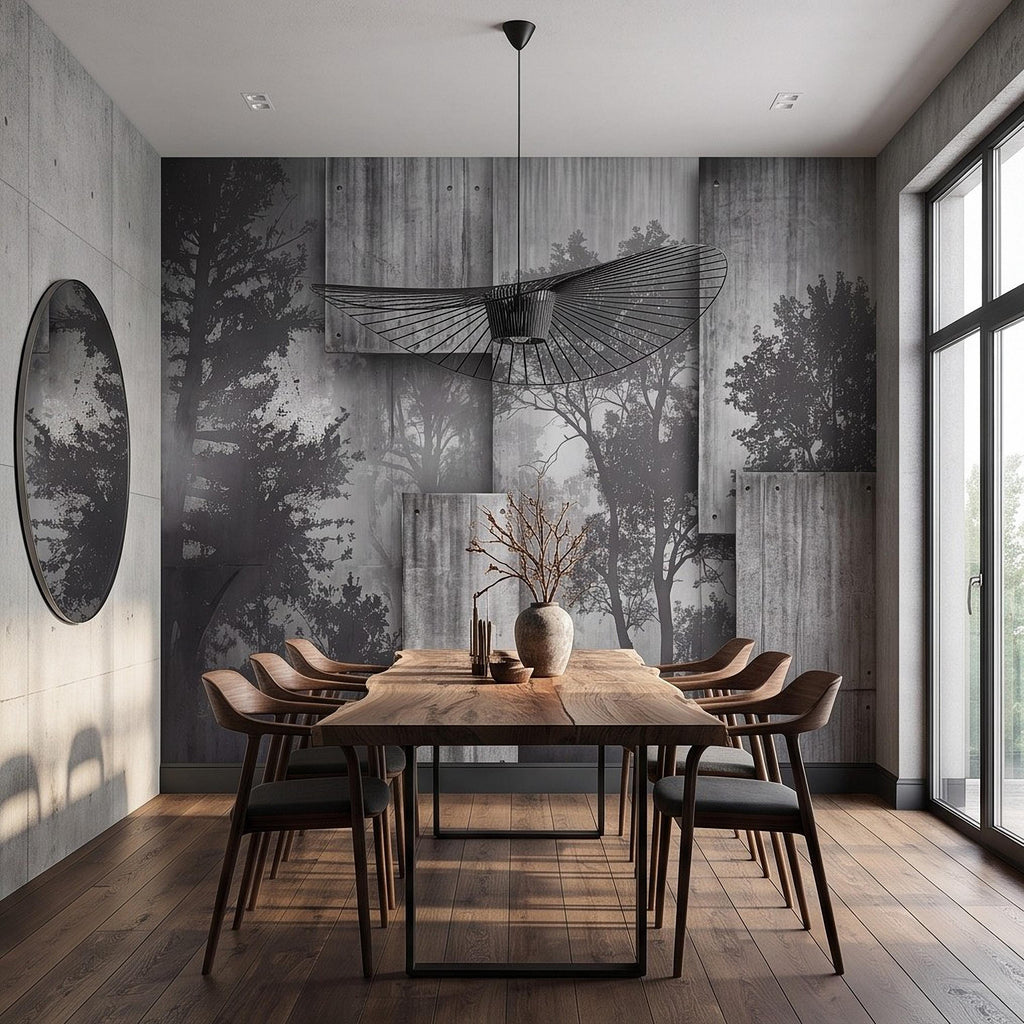 Industrial Concrete Peel and Stick Wall Mural, Layered Concrete Panels, Forest Silhouette, Modern Urban Wallpaper