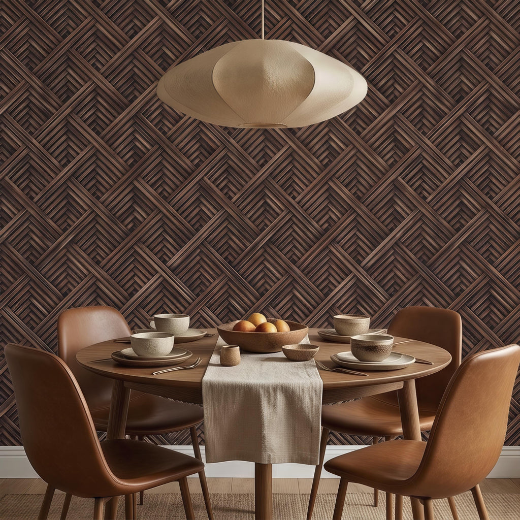 3D Woven Wood Peel and Stick Wall Mural, Architectural Basket Weave Pattern, Geometric Walnut Texture Wallpaper
