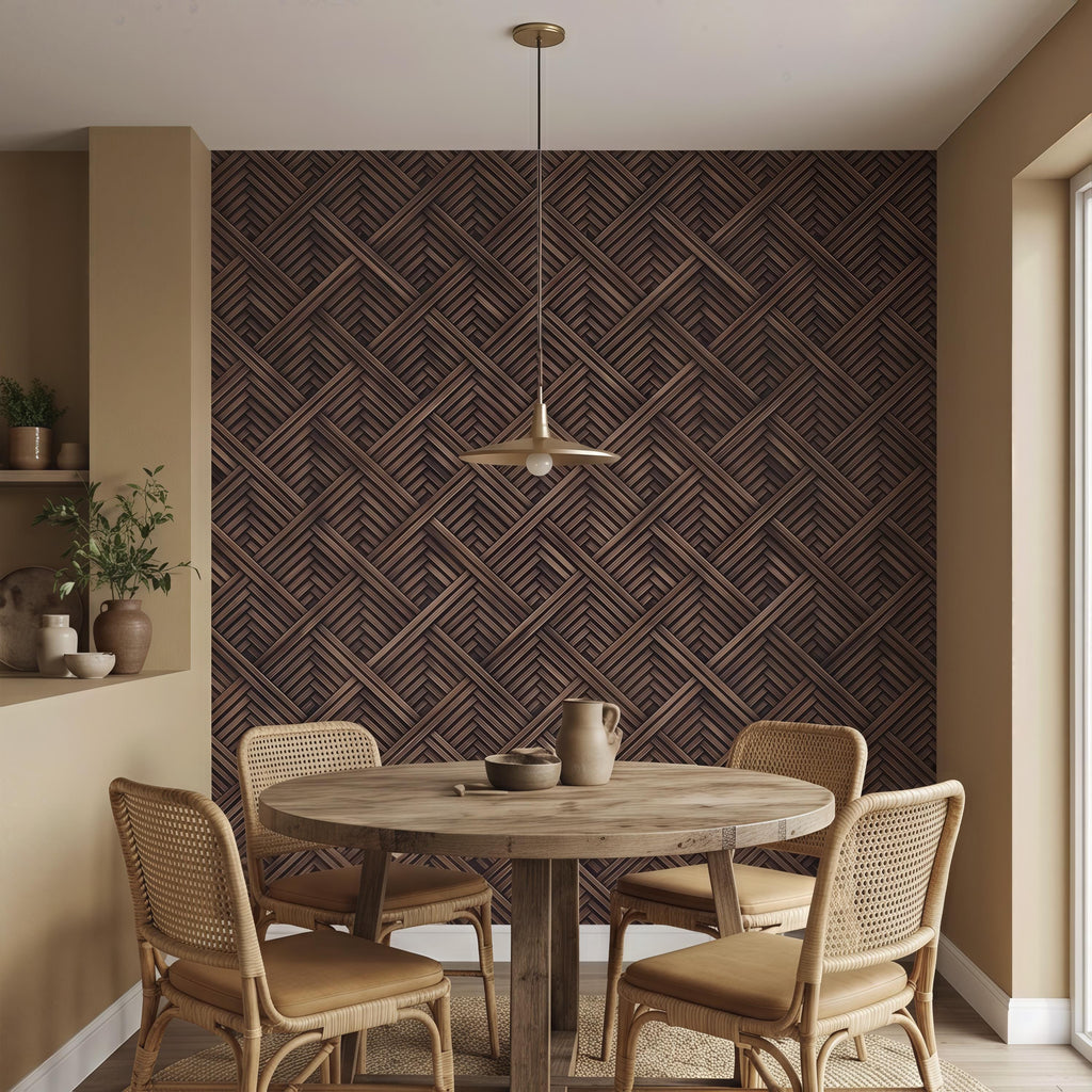 3D Woven Wood Peel and Stick Wall Mural, Architectural Basket Weave Pattern, Geometric Walnut Texture Wallpaper