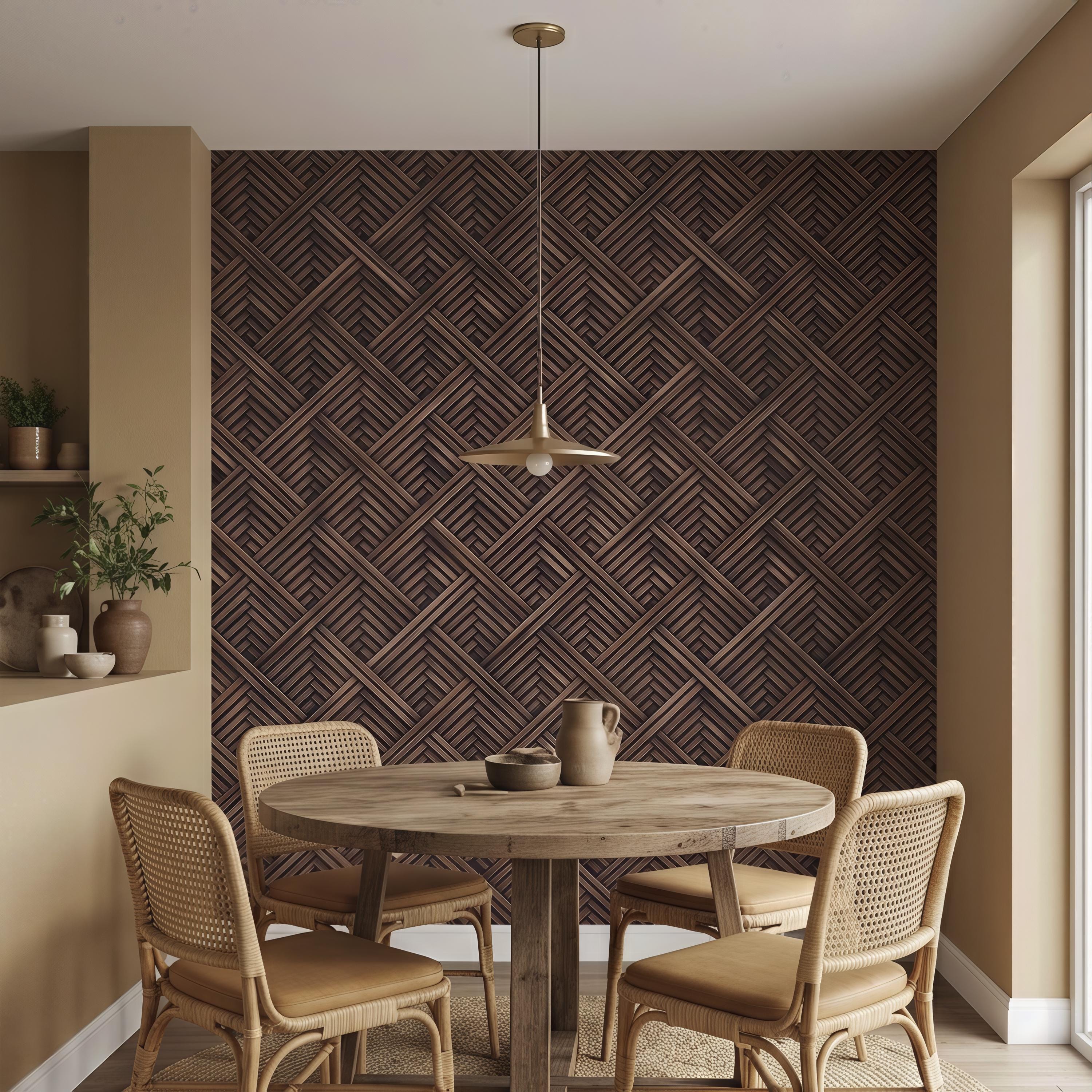 3D Woven Wood Peel and Stick Wall Mural, Architectural Basket Weave Pattern, Geometric Walnut Texture Wallpaper
