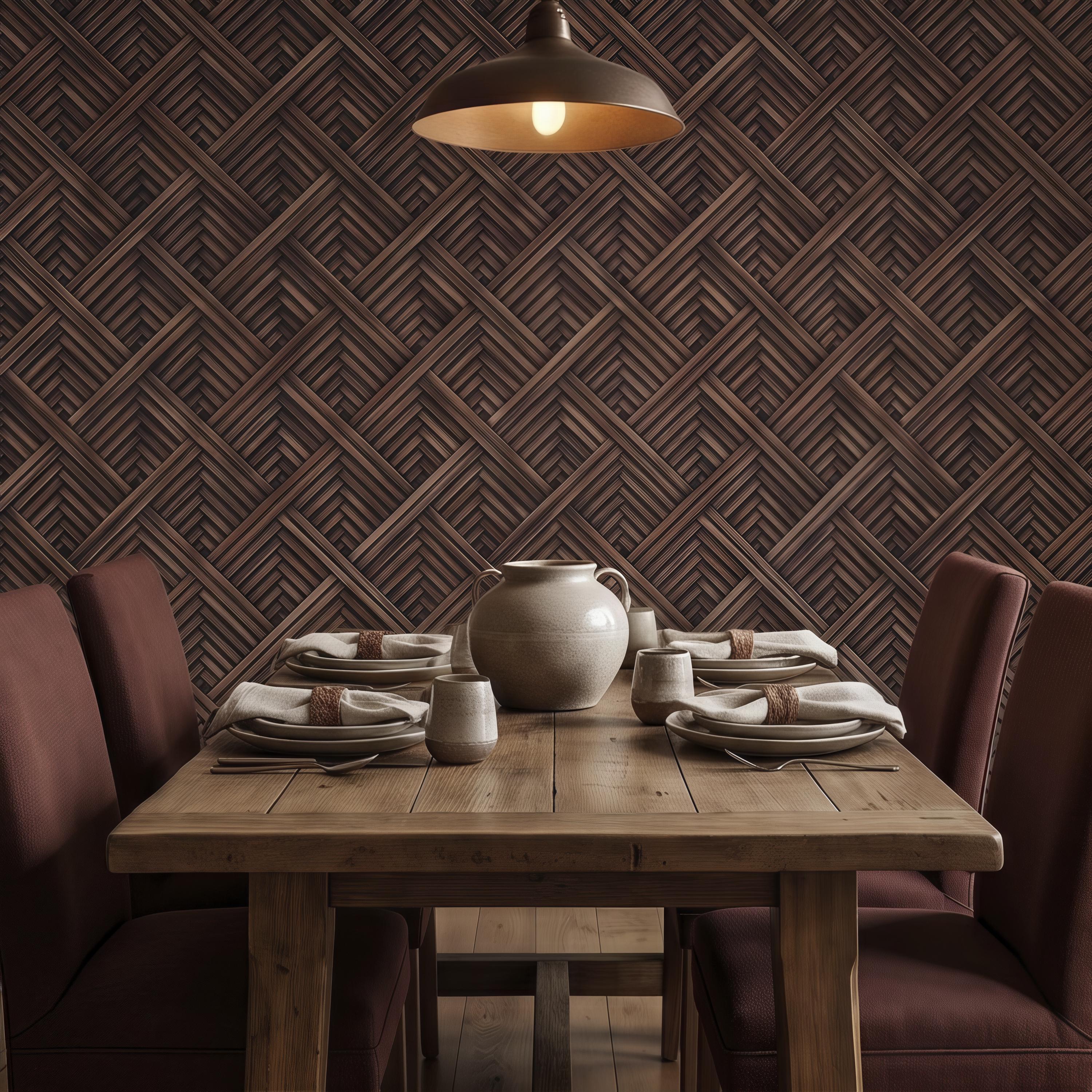 3D Woven Wood Peel and Stick Wall Mural, Architectural Basket Weave Pattern, Geometric Walnut Texture Wallpaper