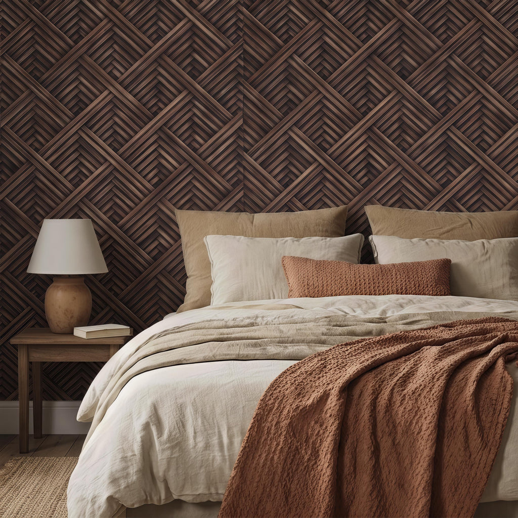 3D Woven Wood Peel and Stick Wall Mural, Architectural Basket Weave Pattern, Geometric Walnut Texture Wallpaper