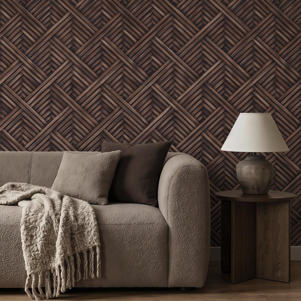 3D Woven Wood Peel and Stick Wall Mural, Architectural Basket Weave Pattern, Geometric Walnut Texture Wallpaper