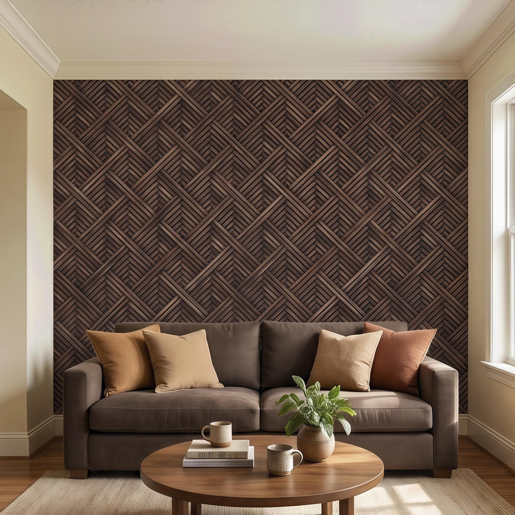 3D Woven Wood Peel and Stick Wall Mural, Architectural Basket Weave Pattern, Geometric Walnut Texture Wallpaper
