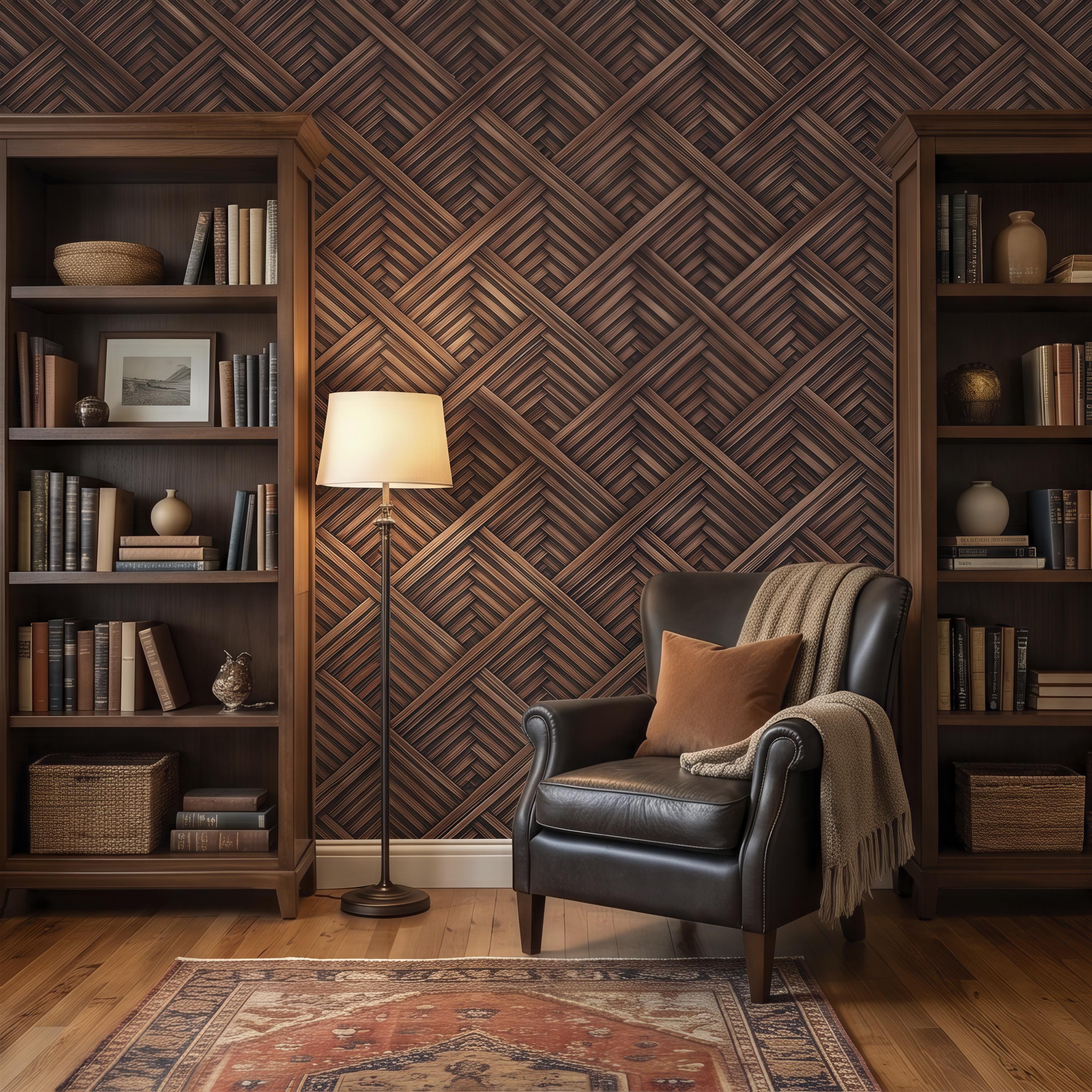 3D Woven Wood Peel and Stick Wall Mural, Architectural Basket Weave Pattern, Geometric Walnut Texture Wallpaper