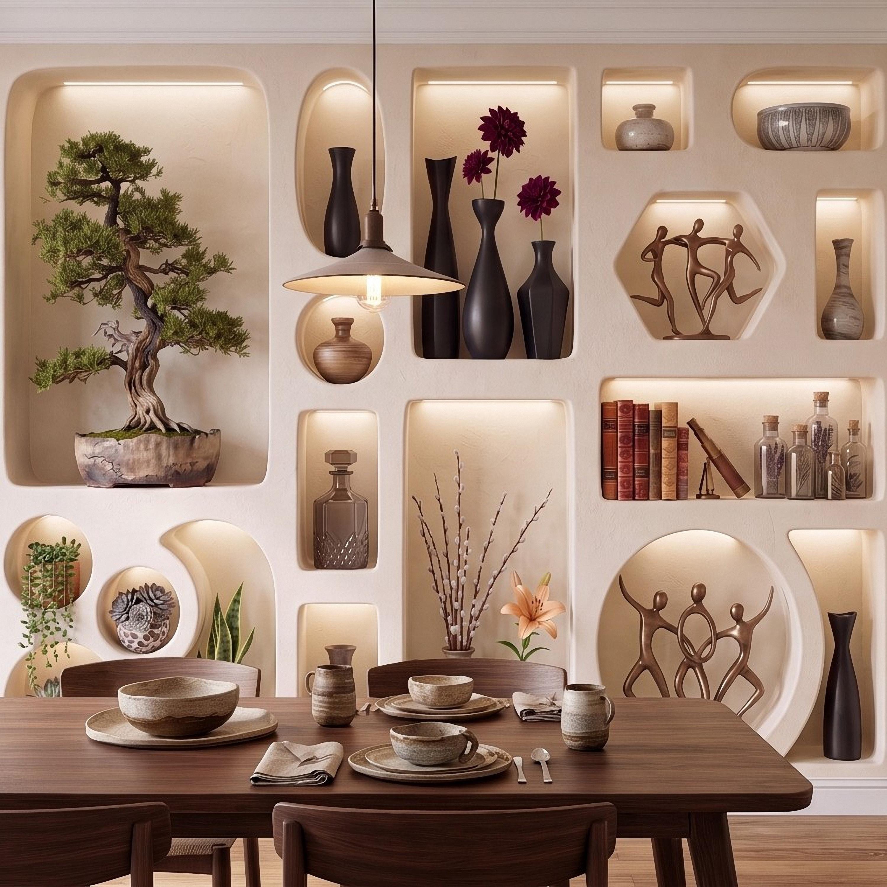 3D Japandi Wall Niches Peel and Stick Wall Mural, Modern Decorative Alcoves Sculptural Display Shelves Architectural Trompe l'Oeil Wallpaper