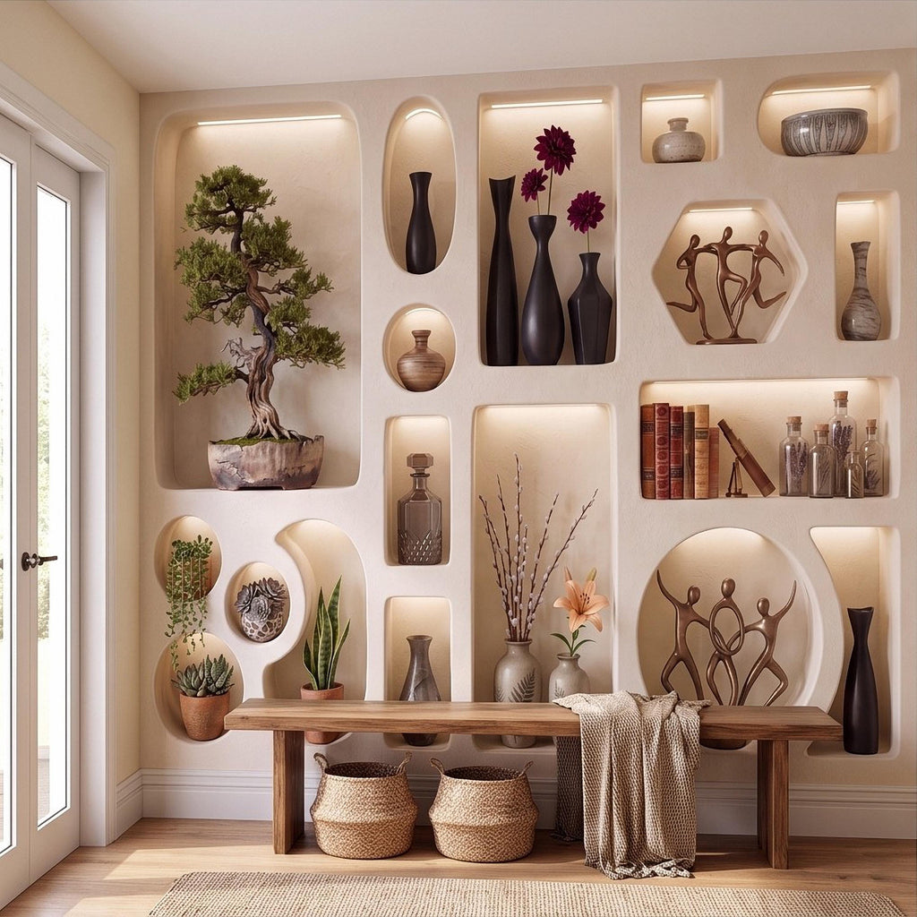 3D Japandi Wall Niches Peel and Stick Wall Mural, Modern Decorative Alcoves Sculptural Display Shelves Architectural Trompe l'Oeil Wallpaper