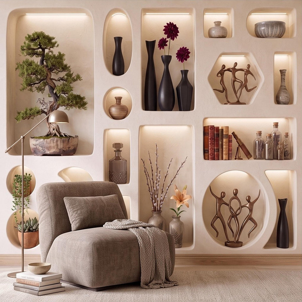 3D Japandi Wall Niches Peel and Stick Wall Mural, Modern Decorative Alcoves Sculptural Display Shelves Architectural Trompe l'Oeil Wallpaper