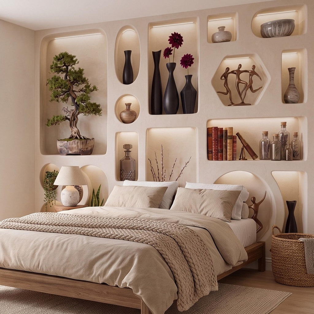 3D Japandi Wall Niches Peel and Stick Wall Mural, Modern Decorative Alcoves Sculptural Display Shelves Architectural Trompe l'Oeil Wallpaper