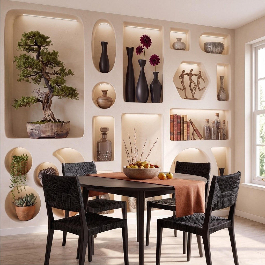 3D Japandi Wall Niches Peel and Stick Wall Mural, Modern Decorative Alcoves Sculptural Display Shelves Architectural Trompe l'Oeil Wallpaper
