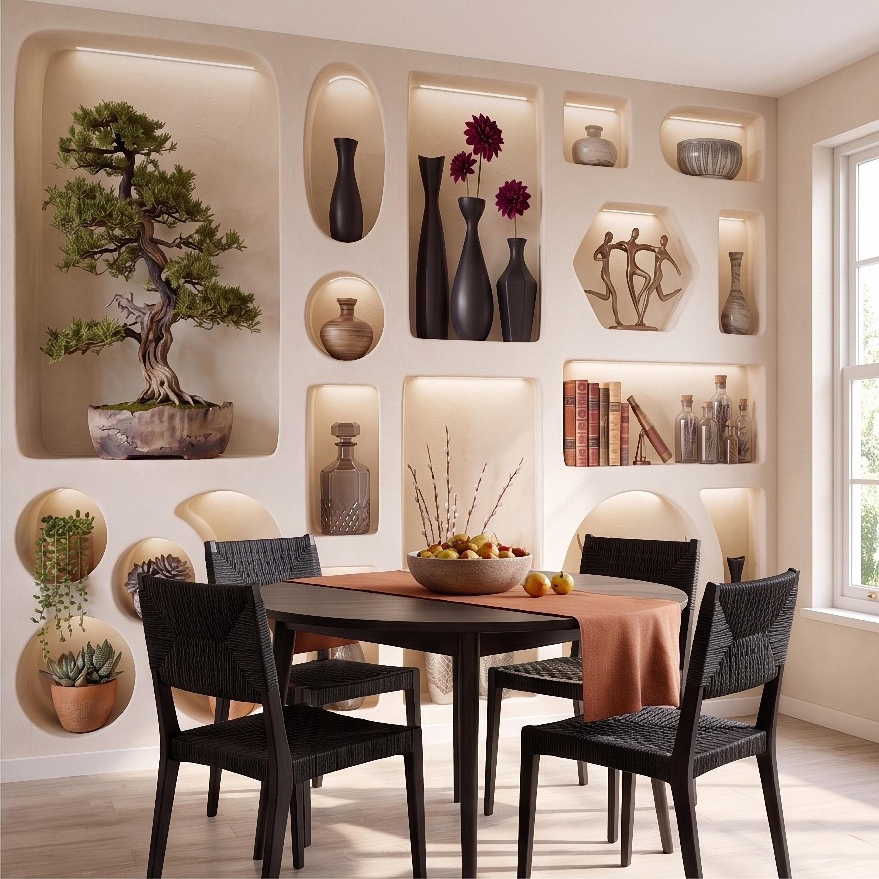 3D Japandi Wall Niches Peel and Stick Wall Mural, Modern Decorative Alcoves Sculptural Display Shelves Architectural Trompe l'Oeil Wallpaper