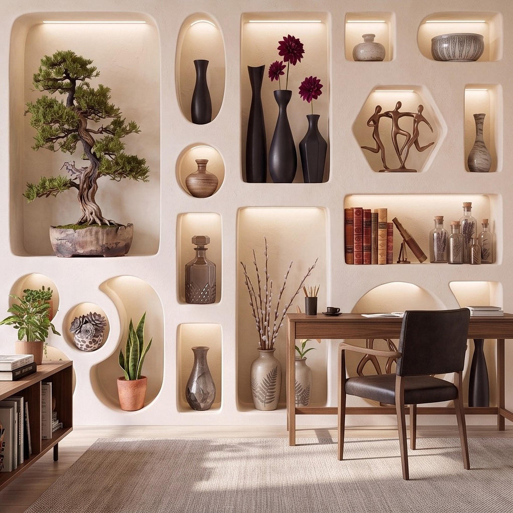 3D Japandi Wall Niches Peel and Stick Wall Mural, Modern Decorative Alcoves Sculptural Display Shelves Architectural Trompe l'Oeil Wallpaper