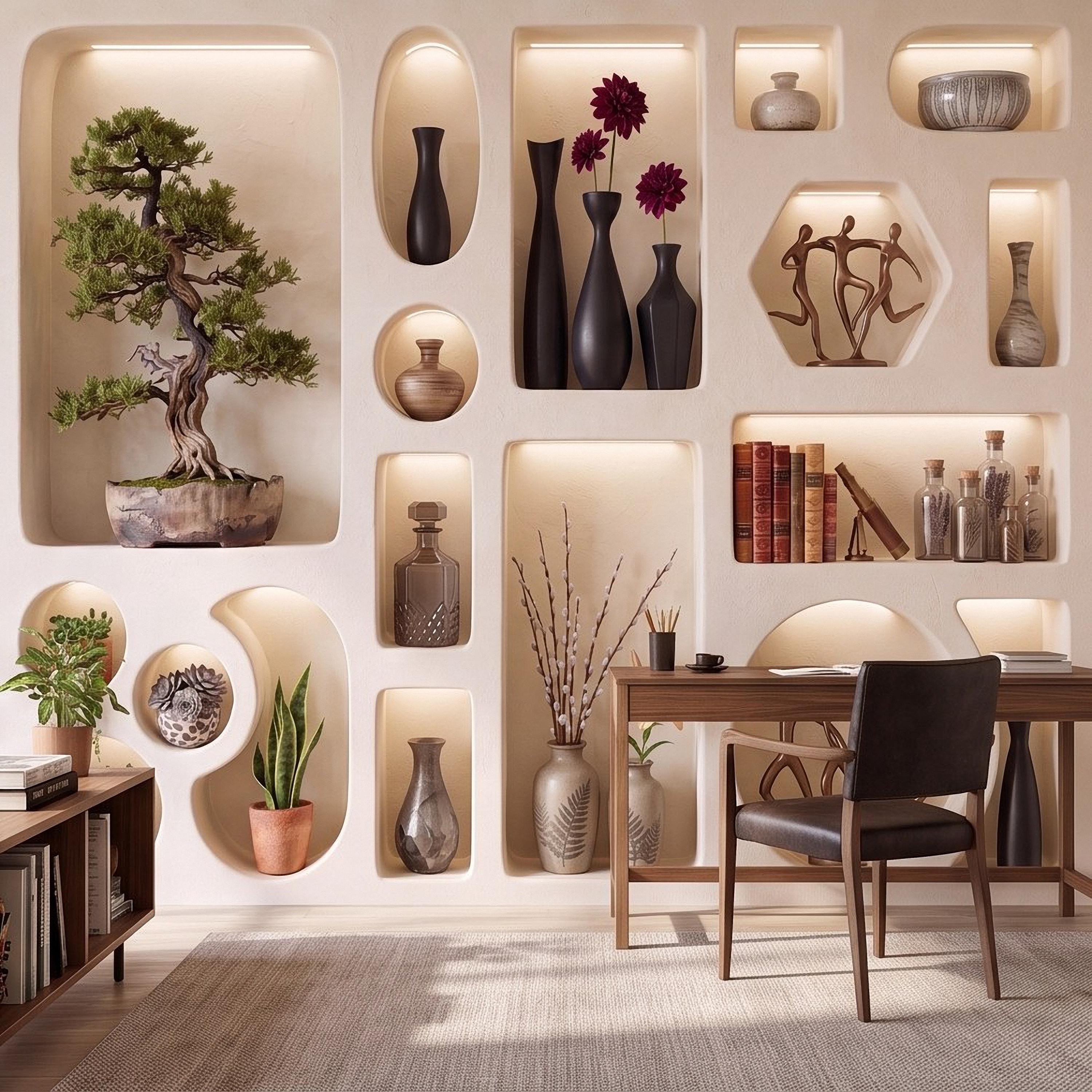 3D Japandi Wall Niches Peel and Stick Wall Mural, Modern Decorative Alcoves Sculptural Display Shelves Architectural Trompe l'Oeil Wallpaper