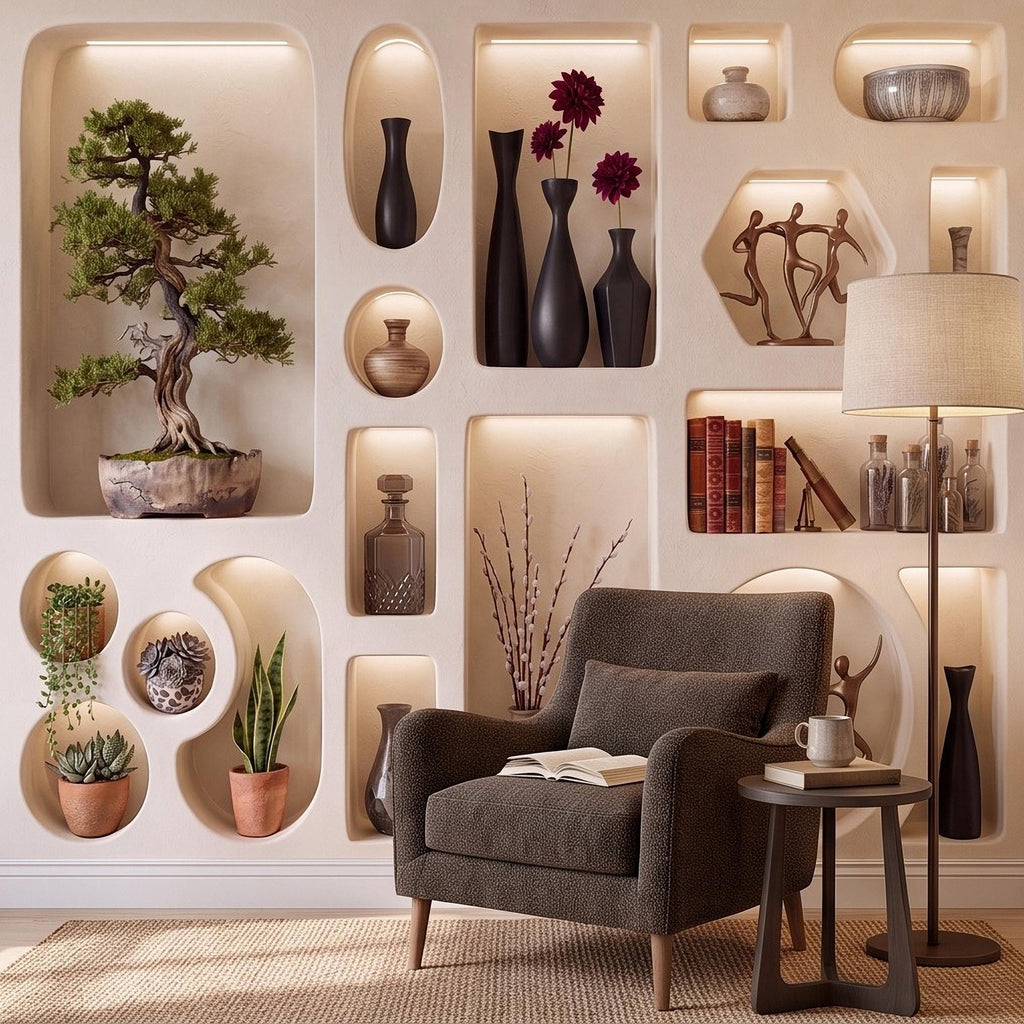 3D Japandi Wall Niches Peel and Stick Wall Mural, Modern Decorative Alcoves Sculptural Display Shelves Architectural Trompe l'Oeil Wallpaper