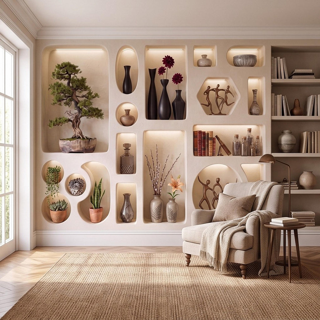 3D Japandi Wall Niches Peel and Stick Wall Mural, Modern Decorative Alcoves Sculptural Display Shelves Architectural Trompe l'Oeil Wallpaper