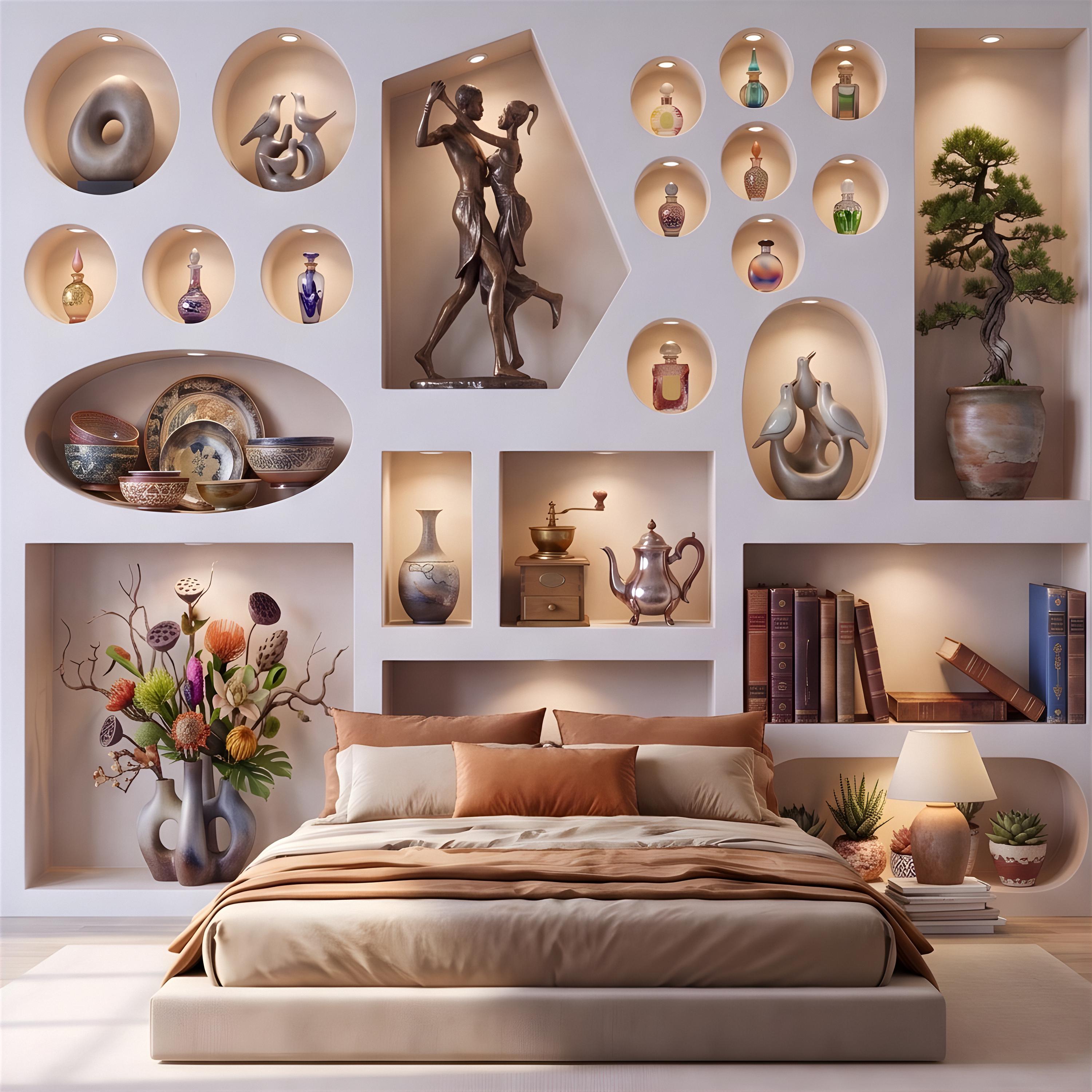 3D Decorative Wall Niches Peel and Stick Wall Mural, Built In Alcoves Illuminated Display Shelves Architectural Trompe l'Oeil Wallpaper