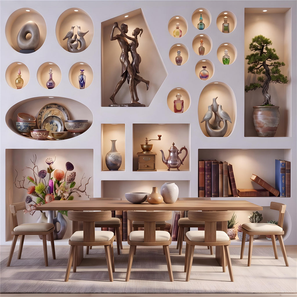 3D Decorative Wall Niches Peel and Stick Wall Mural, Built In Alcoves Illuminated Display Shelves Architectural Trompe l'Oeil Wallpaper