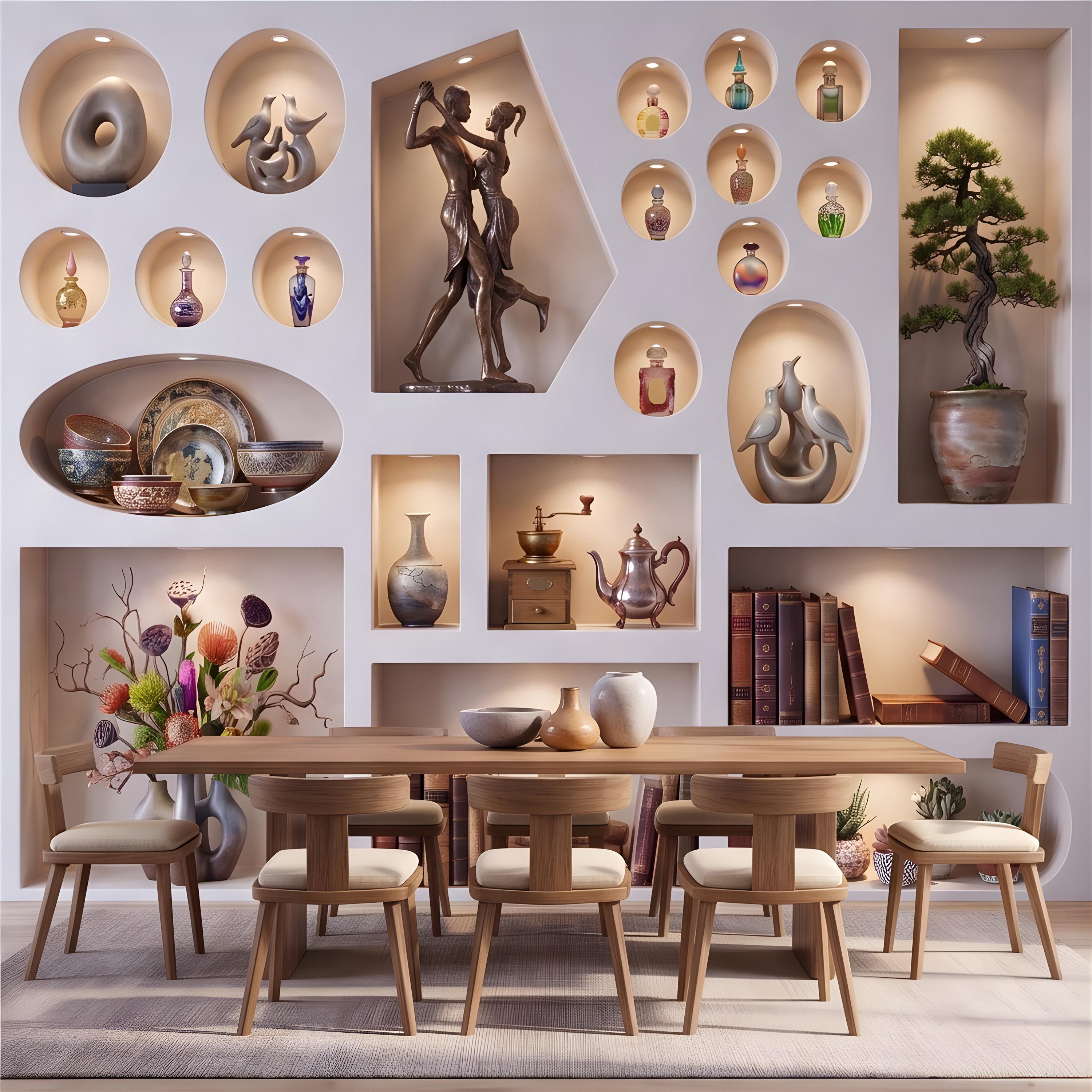 3D Decorative Wall Niches Peel and Stick Wall Mural, Built In Alcoves Illuminated Display Shelves Architectural Trompe l'Oeil Wallpaper