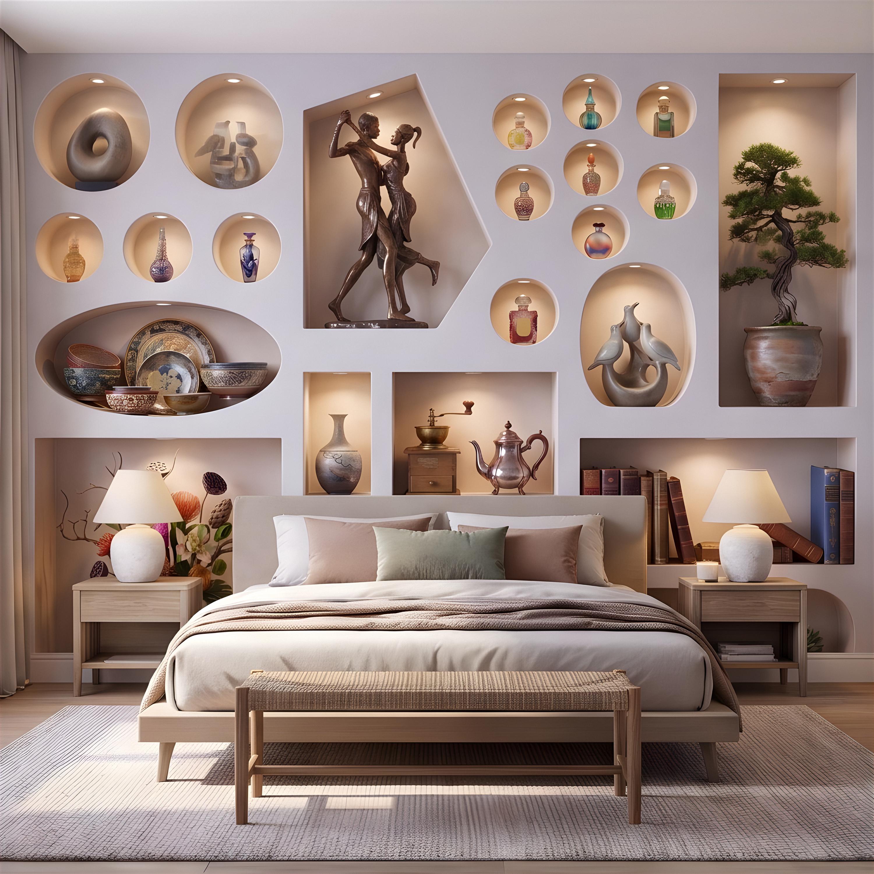 3D Decorative Wall Niches Peel and Stick Wall Mural, Built In Alcoves Illuminated Display Shelves Architectural Trompe l'Oeil Wallpaper