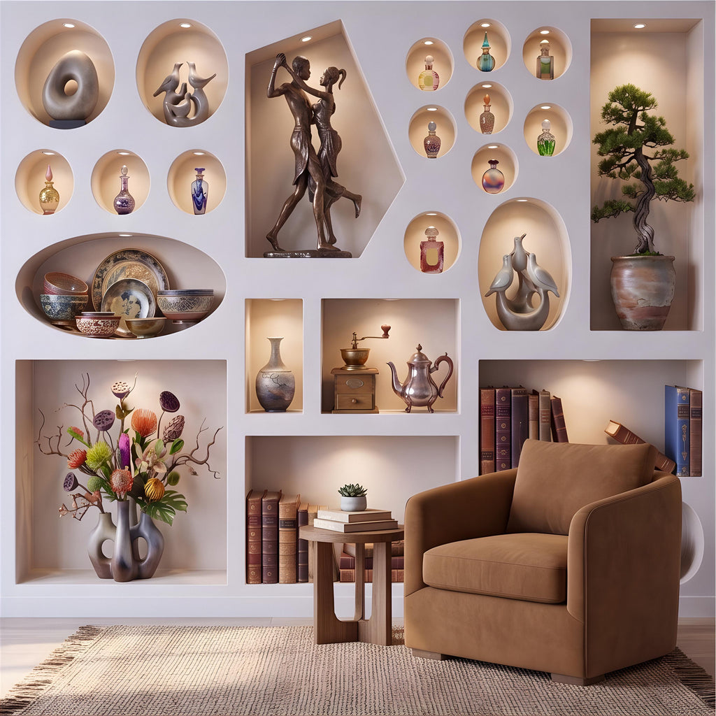 3D Decorative Wall Niches Peel and Stick Wall Mural, Built In Alcoves Illuminated Display Shelves Architectural Trompe l'Oeil Wallpaper