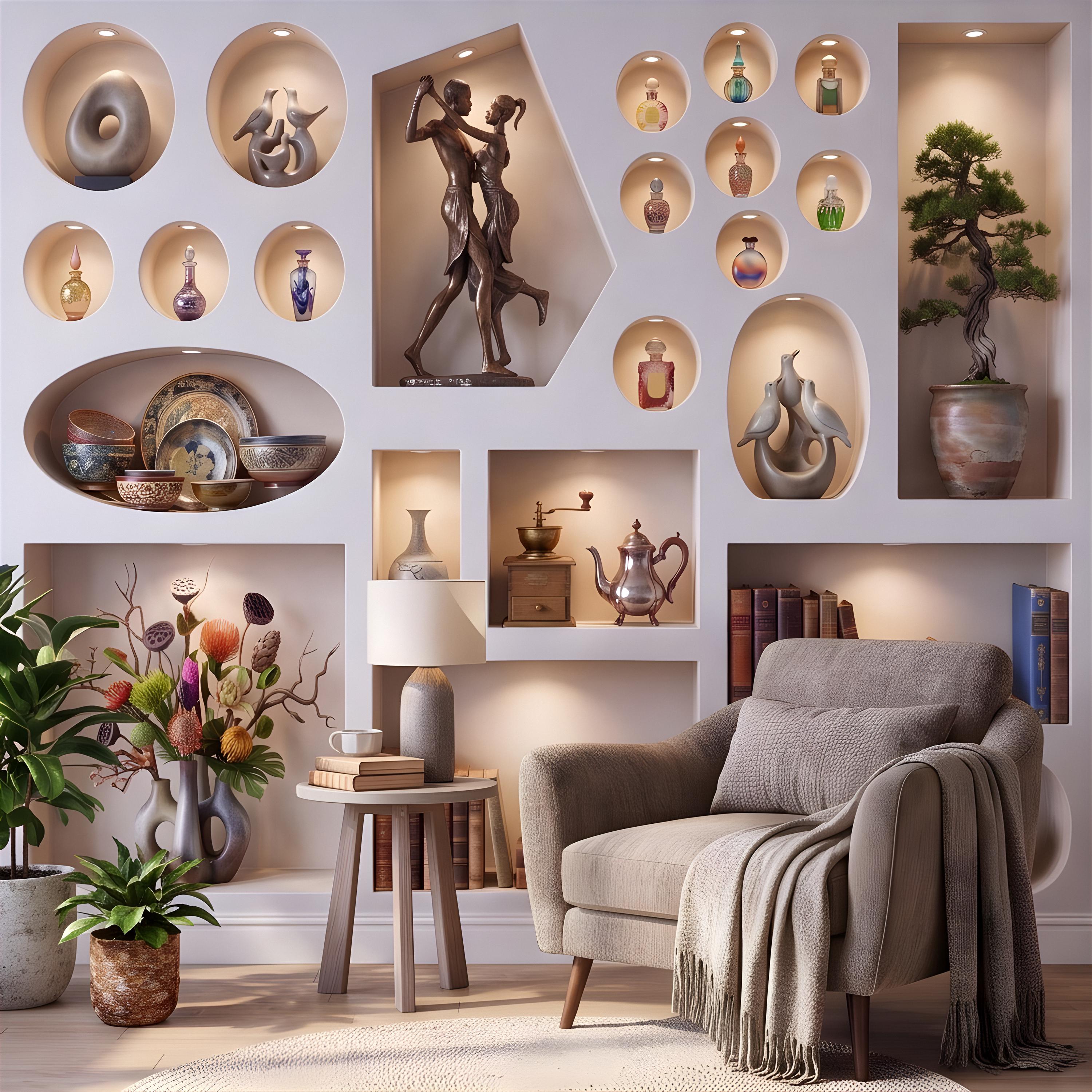 3D Decorative Wall Niches Peel and Stick Wall Mural, Built In Alcoves Illuminated Display Shelves Architectural Trompe l'Oeil Wallpaper