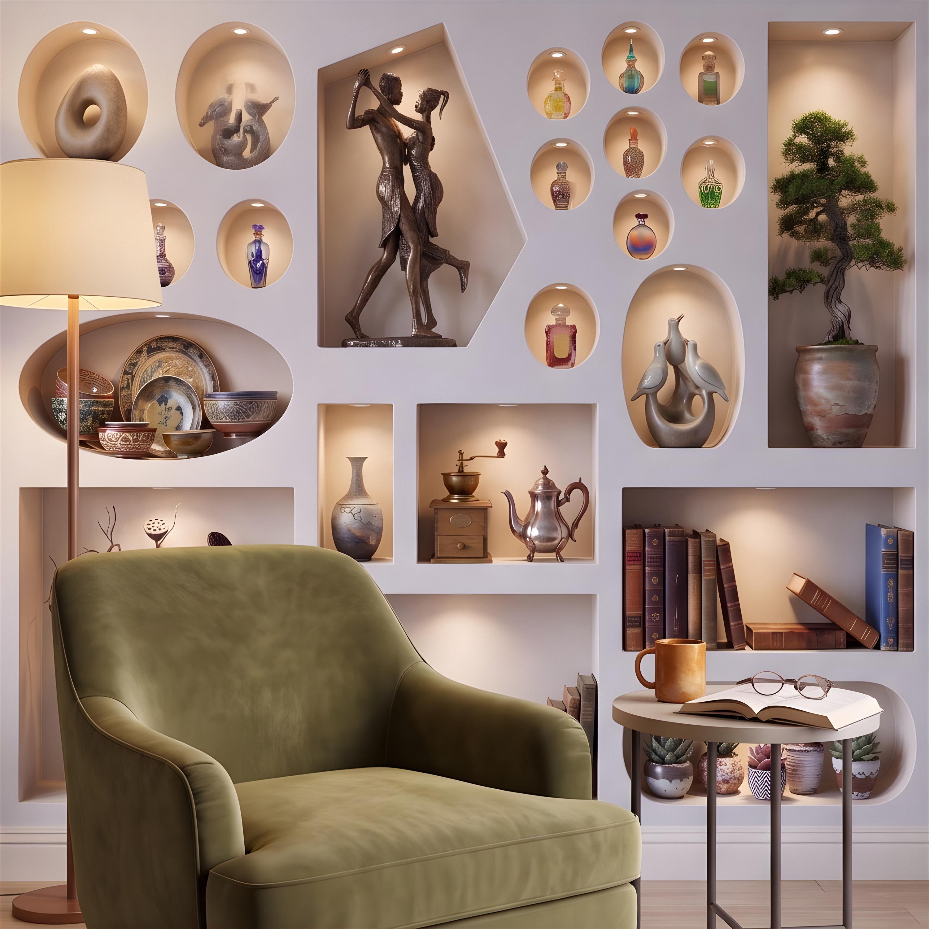 3D Decorative Wall Niches Peel and Stick Wall Mural, Built In Alcoves Illuminated Display Shelves Architectural Trompe l'Oeil Wallpaper