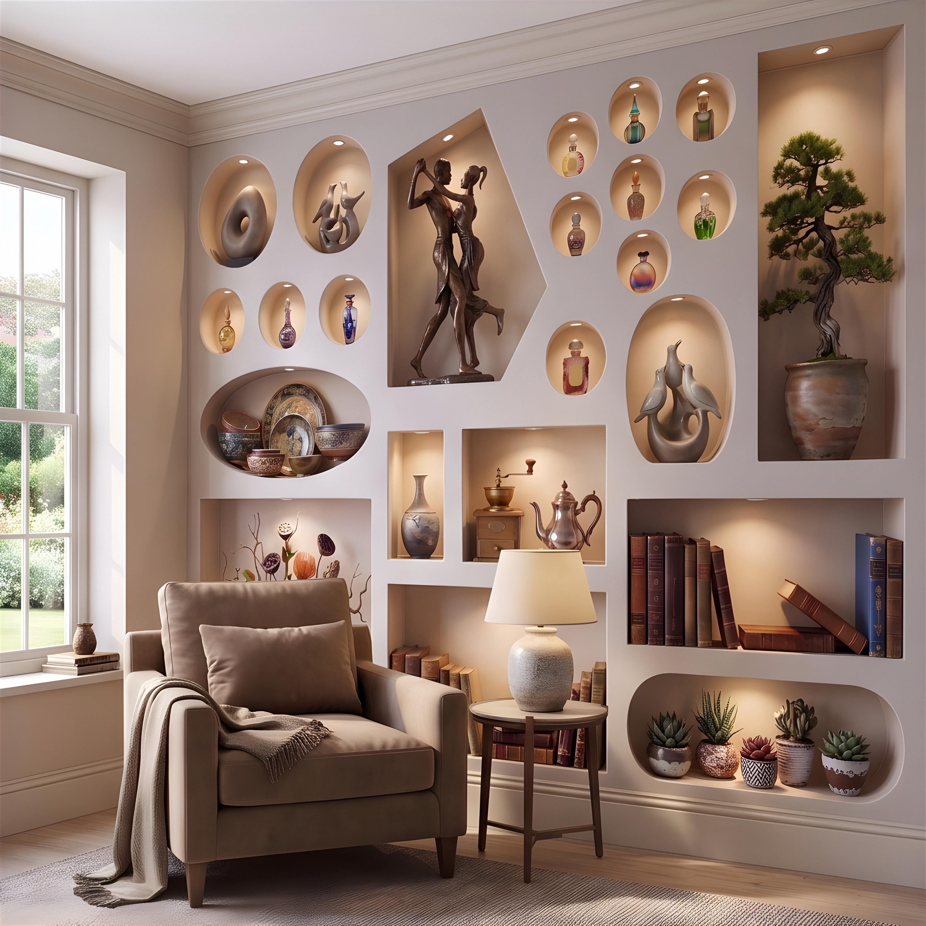3D Decorative Wall Niches Peel and Stick Wall Mural, Built In Alcoves Illuminated Display Shelves Architectural Trompe l'Oeil Wallpaper