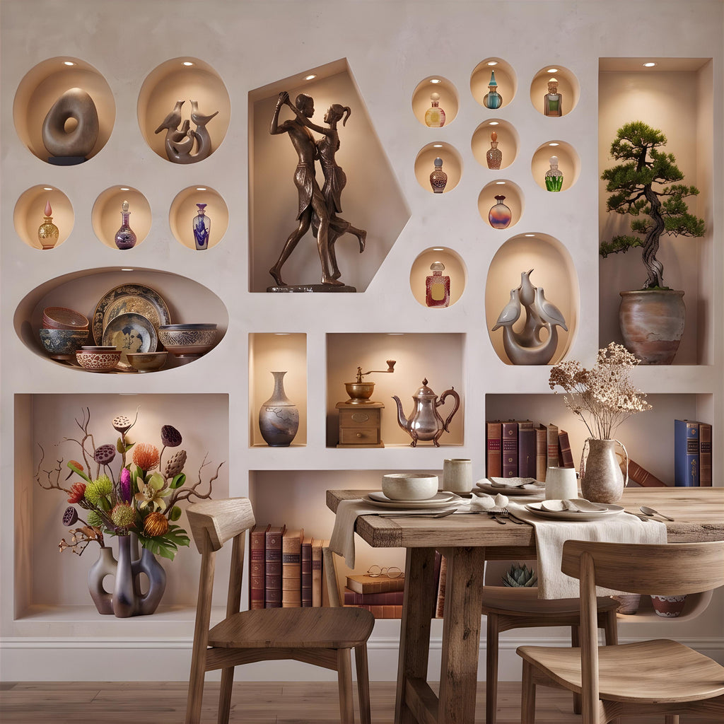 3D Decorative Wall Niches Peel and Stick Wall Mural, Built In Alcoves Illuminated Display Shelves Architectural Trompe l'Oeil Wallpaper