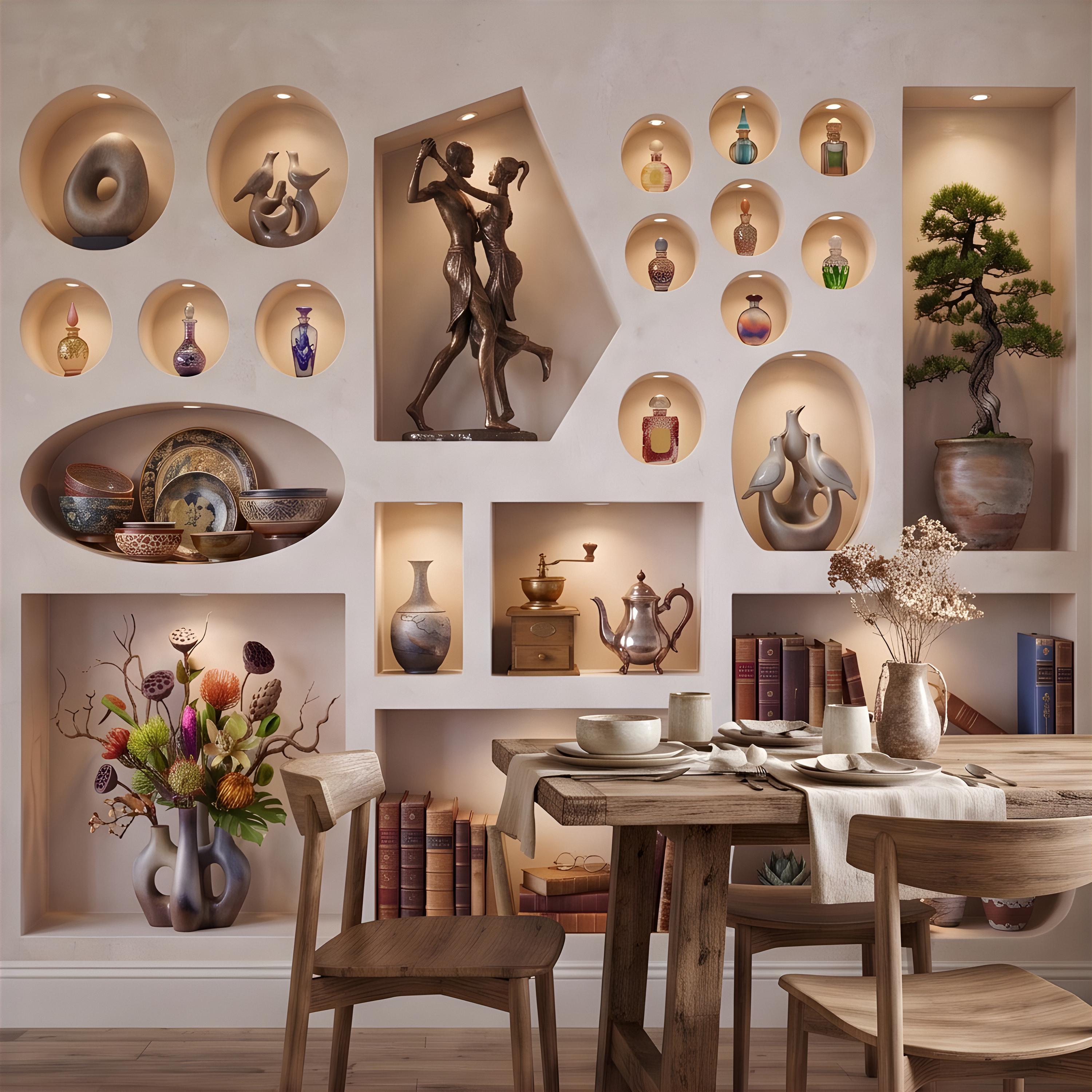 3D Decorative Wall Niches Peel and Stick Wall Mural, Built In Alcoves Illuminated Display Shelves Architectural Trompe l'Oeil Wallpaper