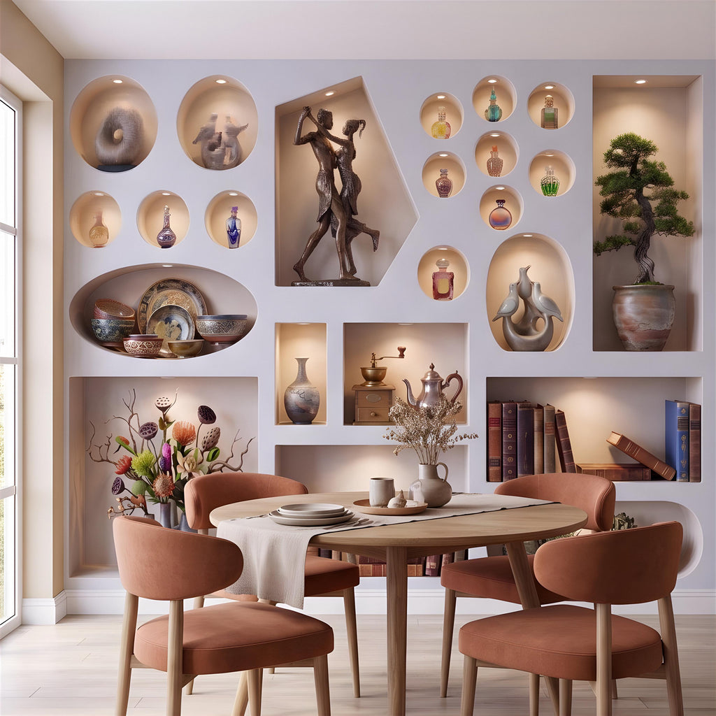 3D Decorative Wall Niches Peel and Stick Wall Mural, Built In Alcoves Illuminated Display Shelves Architectural Trompe l'Oeil Wallpaper
