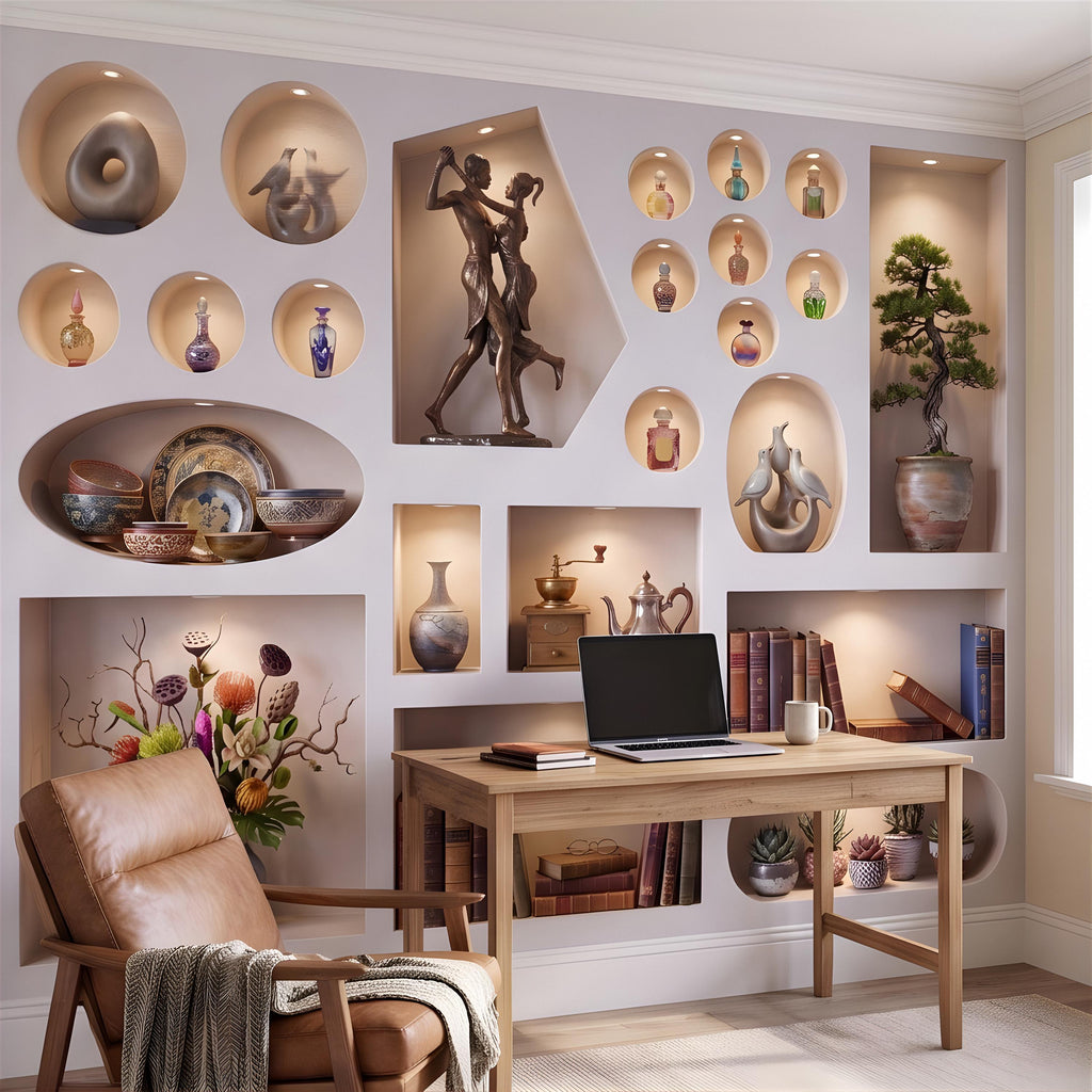 3D Decorative Wall Niches Peel and Stick Wall Mural, Built In Alcoves Illuminated Display Shelves Architectural Trompe l'Oeil Wallpaper