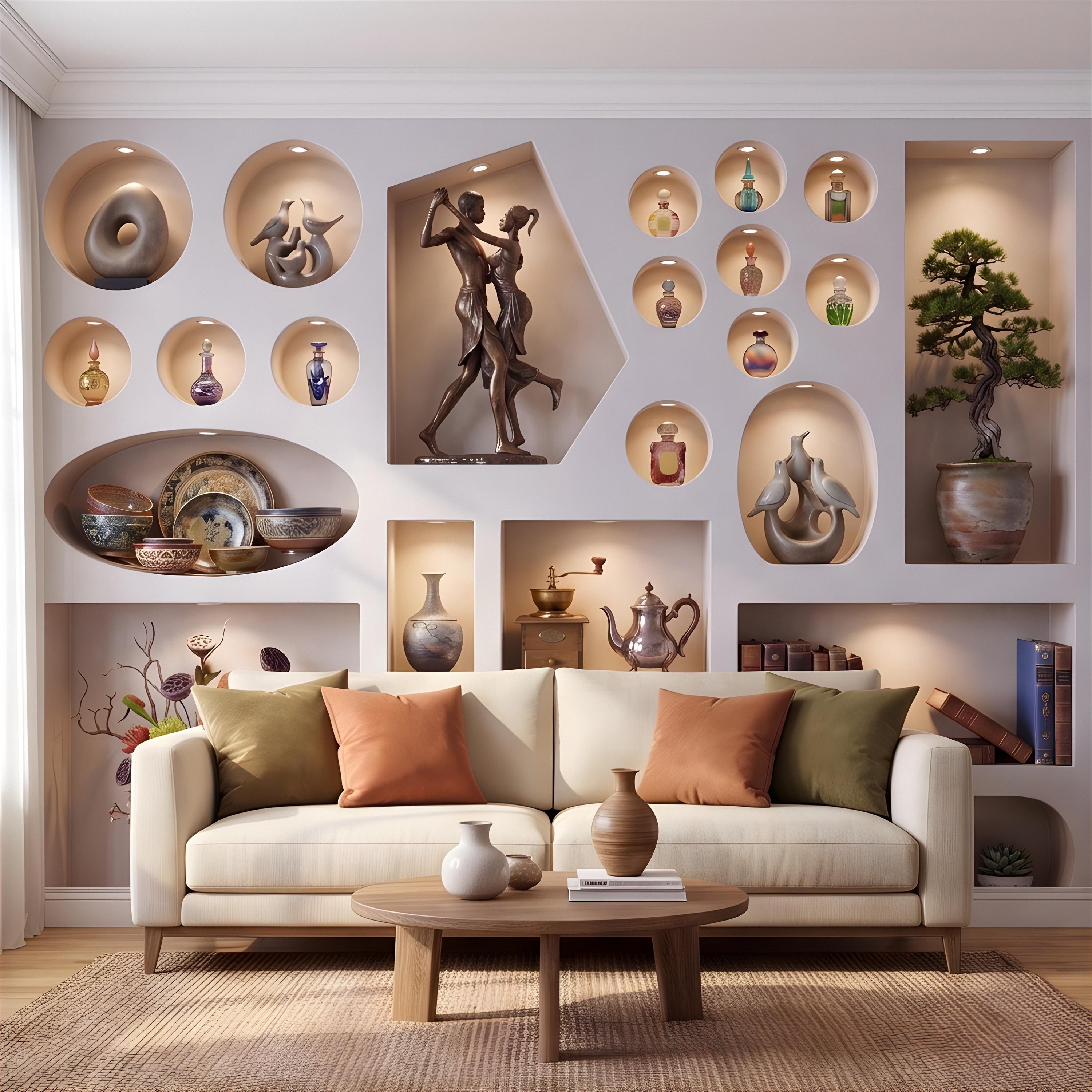 3D Decorative Wall Niches Peel and Stick Wall Mural, Built In Alcoves Illuminated Display Shelves Architectural Trompe l'Oeil Wallpaper