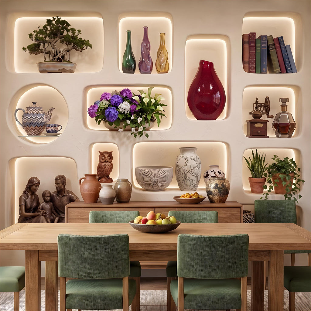 3D Illuminated Wall Niches Peel and Stick Wall Mural, Decorative Built In Alcoves, Sculptural Display Shelves Trompe l'Oeil Wallpaper