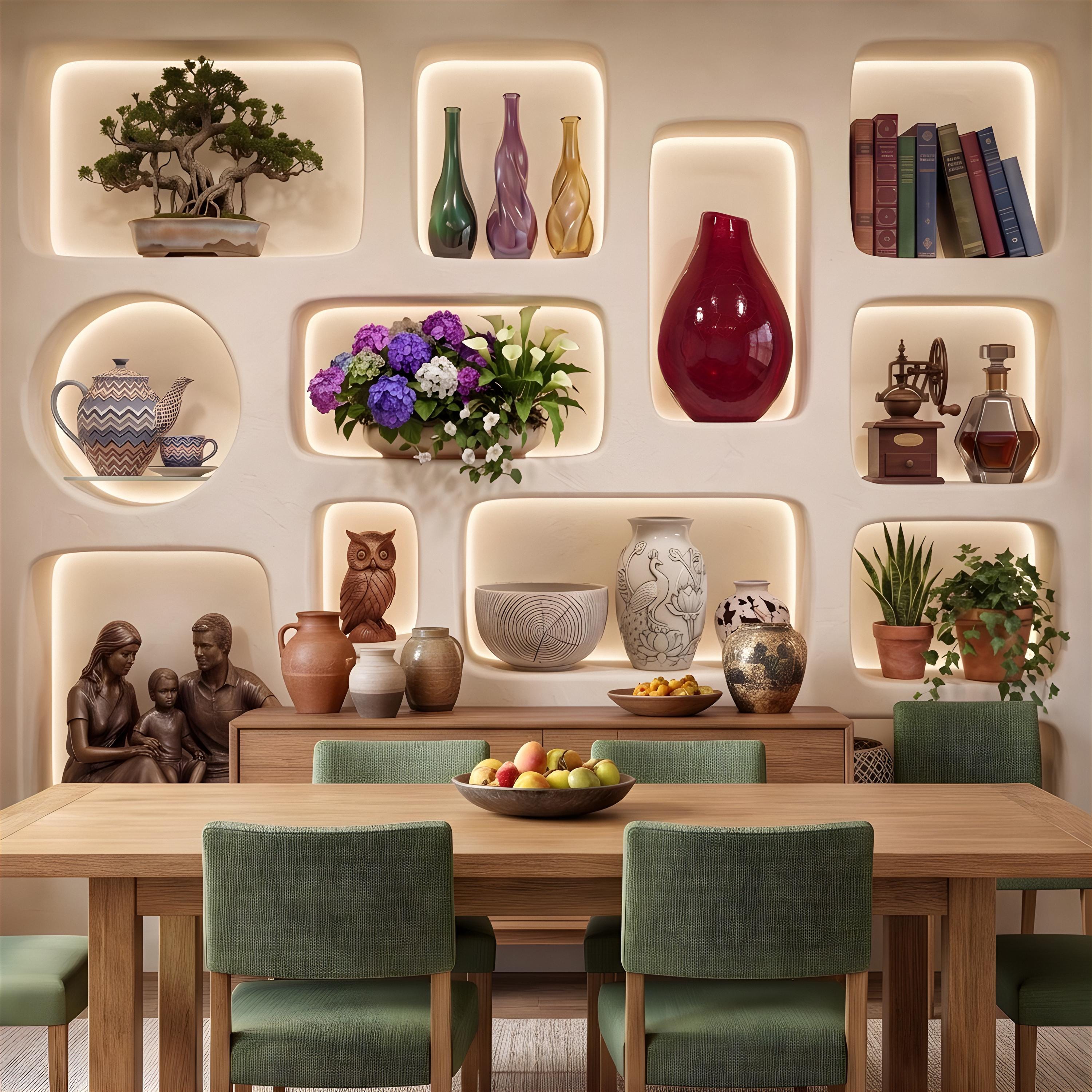 3D Illuminated Wall Niches Peel and Stick Wall Mural, Decorative Built In Alcoves, Sculptural Display Shelves Trompe l'Oeil Wallpaper
