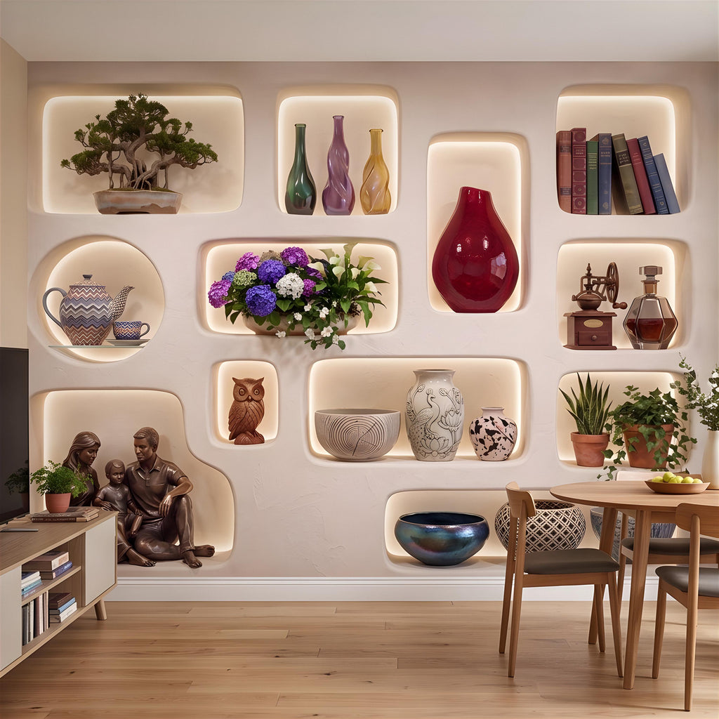 3D Illuminated Wall Niches Peel and Stick Wall Mural, Decorative Built In Alcoves, Sculptural Display Shelves Trompe l'Oeil Wallpaper