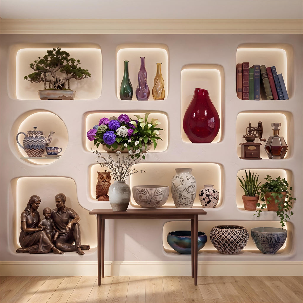 3D Illuminated Wall Niches Peel and Stick Wall Mural, Decorative Built In Alcoves, Sculptural Display Shelves Trompe l'Oeil Wallpaper