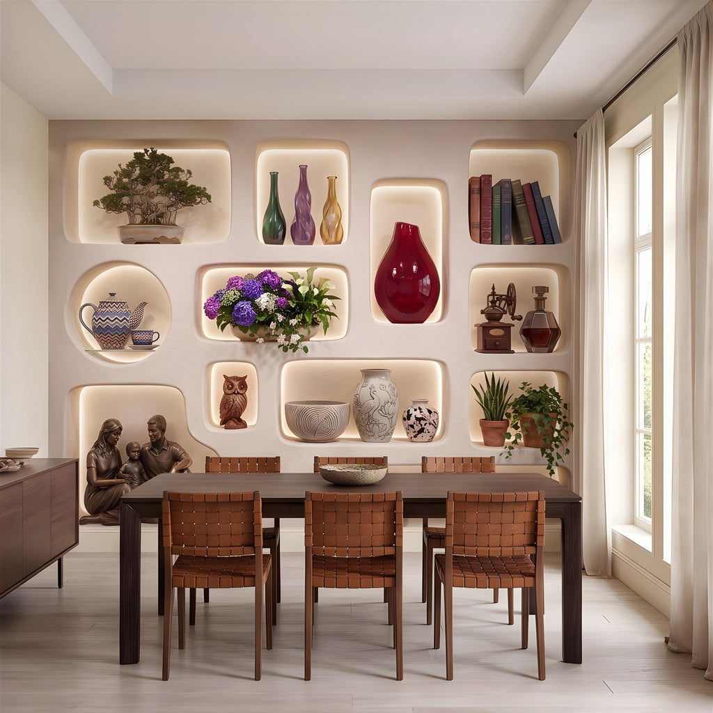 3D Illuminated Wall Niches Peel and Stick Wall Mural, Decorative Built In Alcoves, Sculptural Display Shelves Trompe l'Oeil Wallpaper