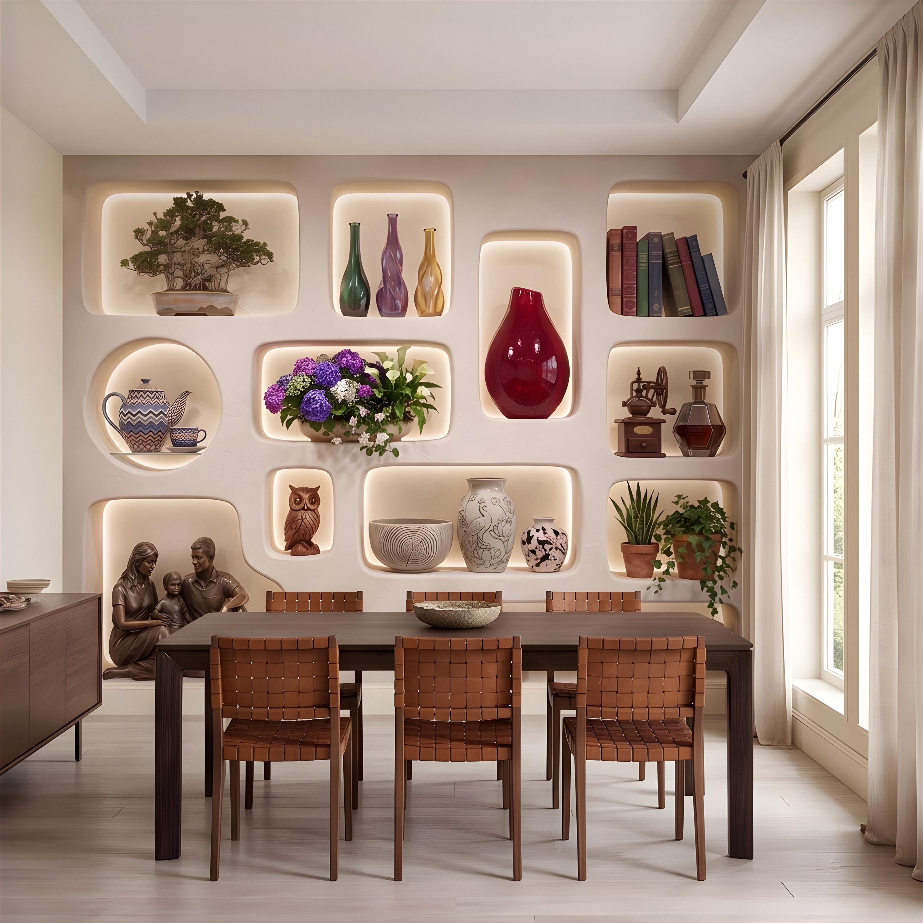 3D Illuminated Wall Niches Peel and Stick Wall Mural, Decorative Built In Alcoves, Sculptural Display Shelves Trompe l'Oeil Wallpaper