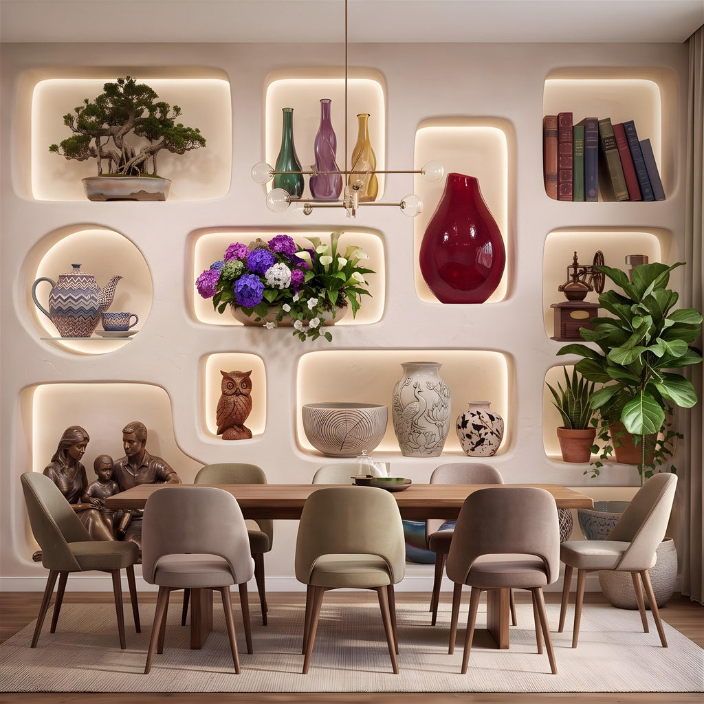 3D Illuminated Wall Niches Peel and Stick Wall Mural, Decorative Built In Alcoves, Sculptural Display Shelves Trompe l'Oeil Wallpaper