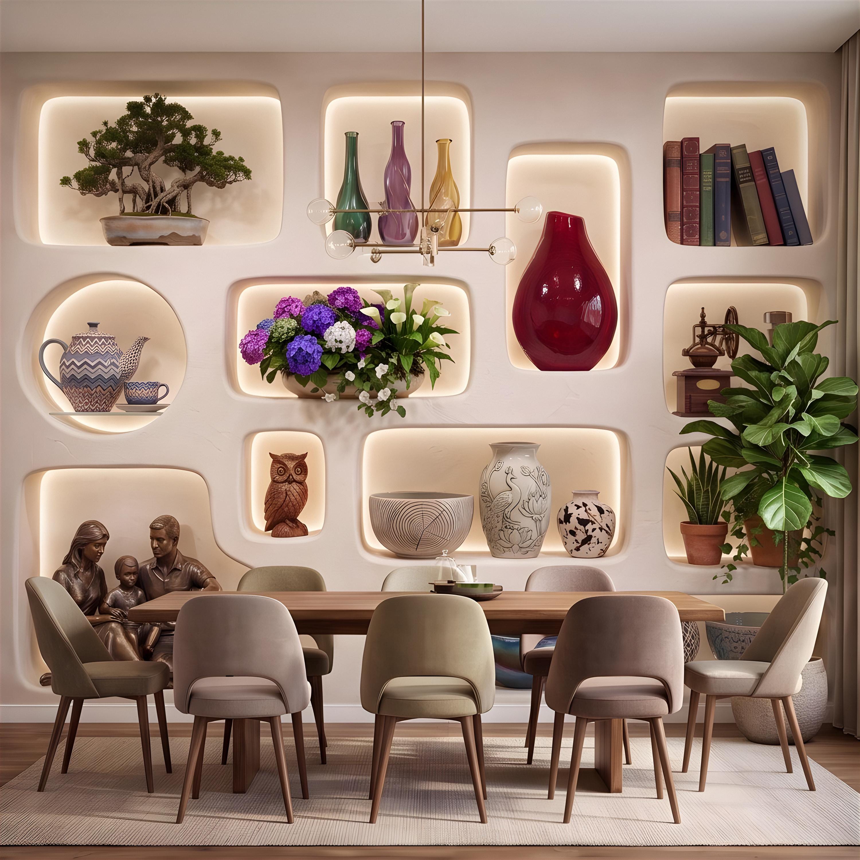 3D Illuminated Wall Niches Peel and Stick Wall Mural, Decorative Built In Alcoves, Sculptural Display Shelves Trompe l'Oeil Wallpaper