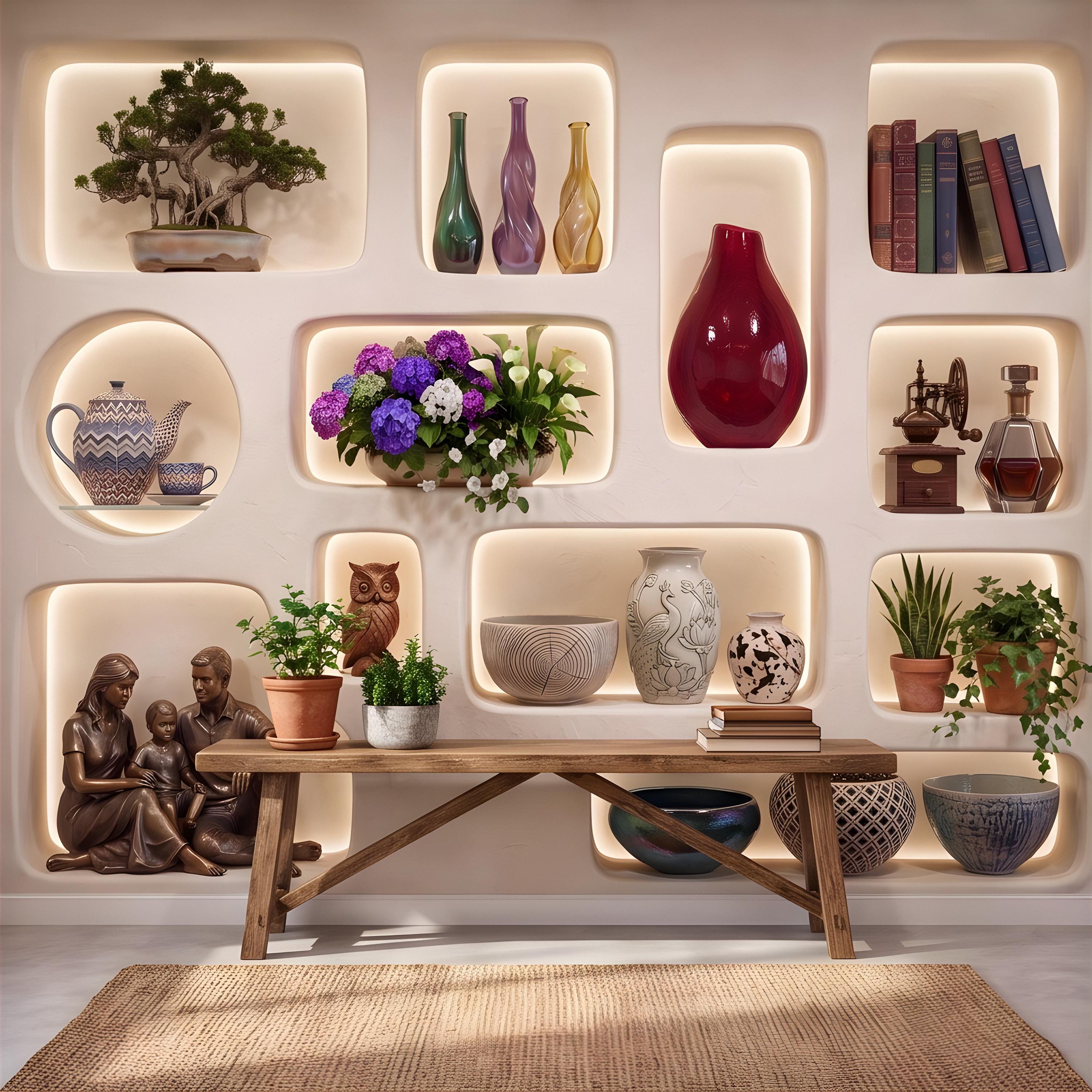 3D Illuminated Wall Niches Peel and Stick Wall Mural, Decorative Built In Alcoves, Sculptural Display Shelves Trompe l'Oeil Wallpaper