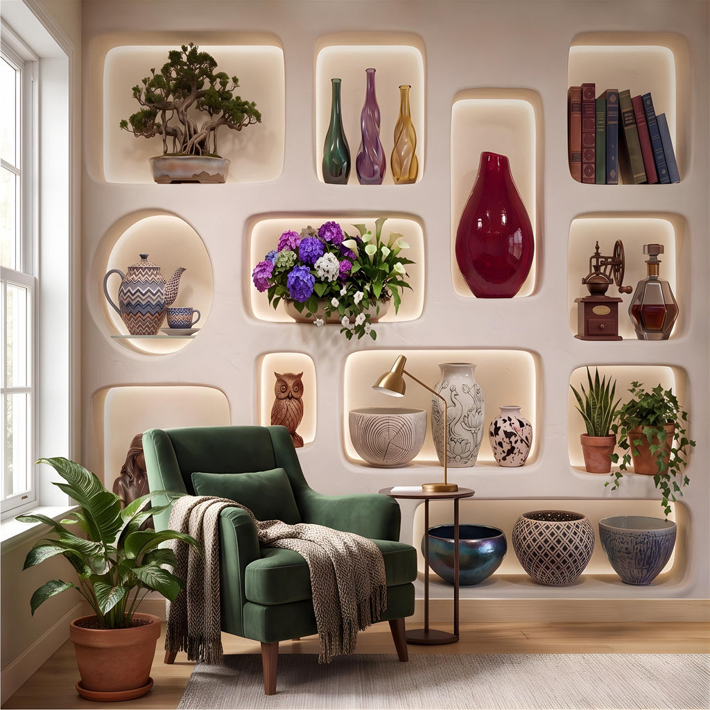 3D Illuminated Wall Niches Peel and Stick Wall Mural, Decorative Built In Alcoves, Sculptural Display Shelves Trompe l'Oeil Wallpaper