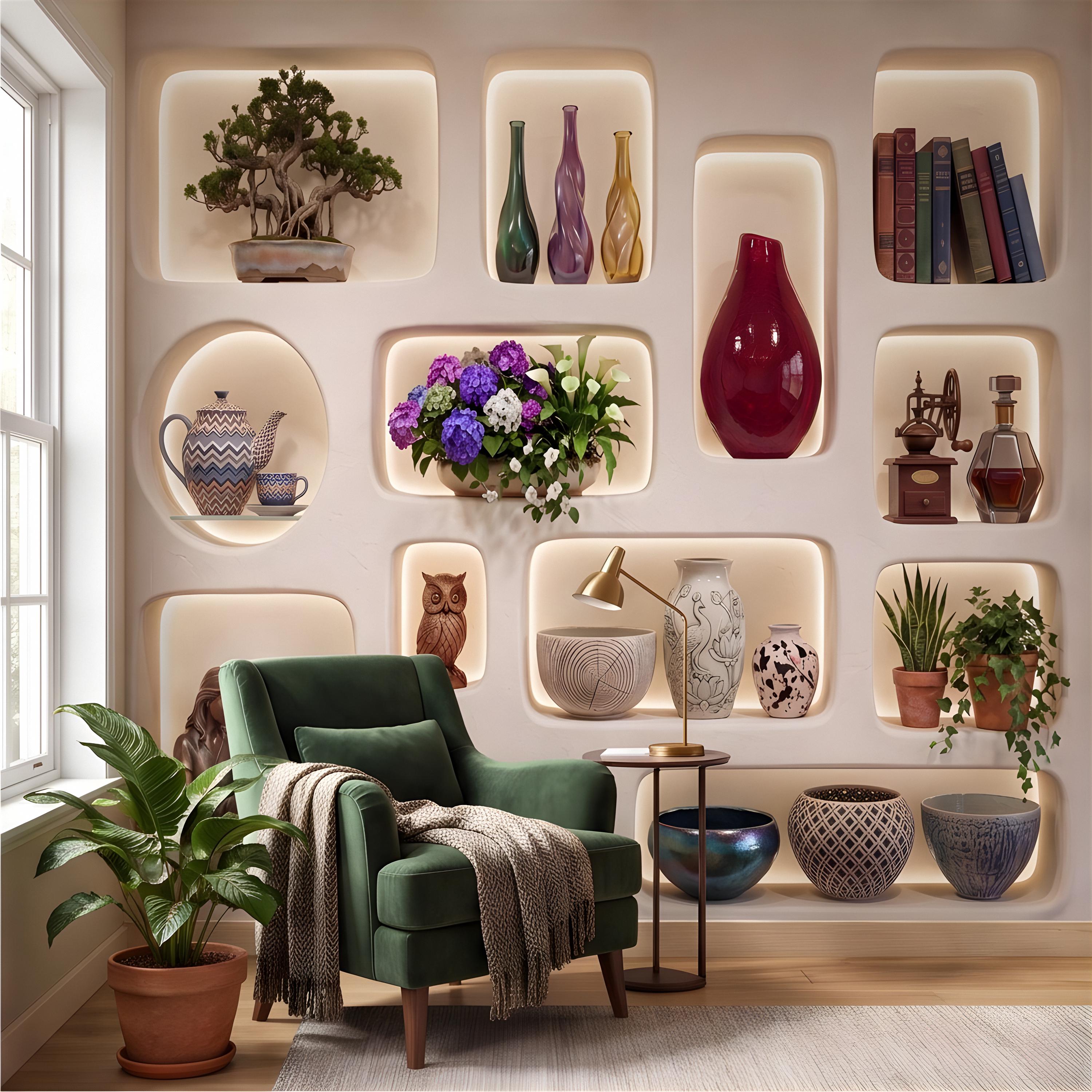 3D Illuminated Wall Niches Peel and Stick Wall Mural, Decorative Built In Alcoves, Sculptural Display Shelves Trompe l'Oeil Wallpaper