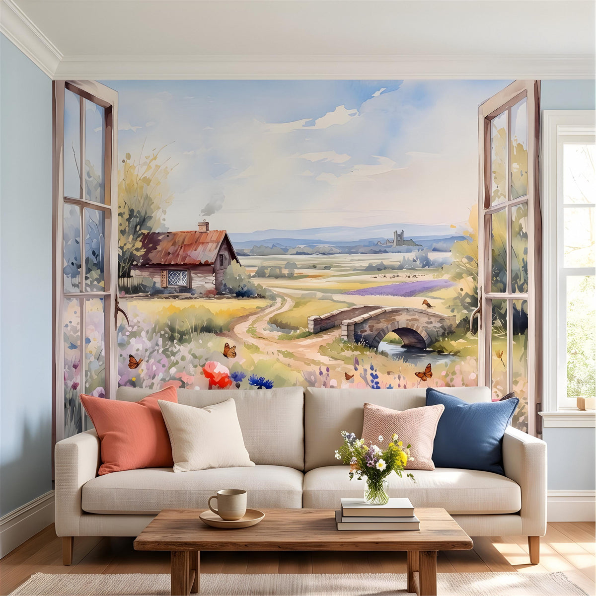 Countryside garden wall mural spanning two windows with colorful flowers and a stone bridge