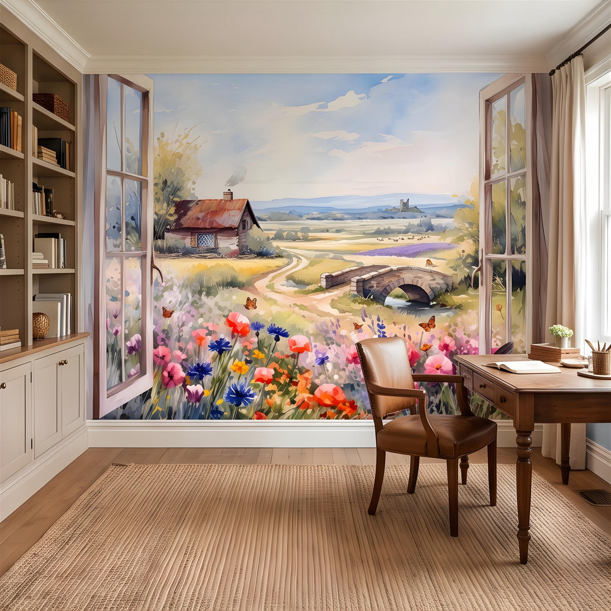 Countryside garden wall mural featuring two windows, wildflowers, and a rural path