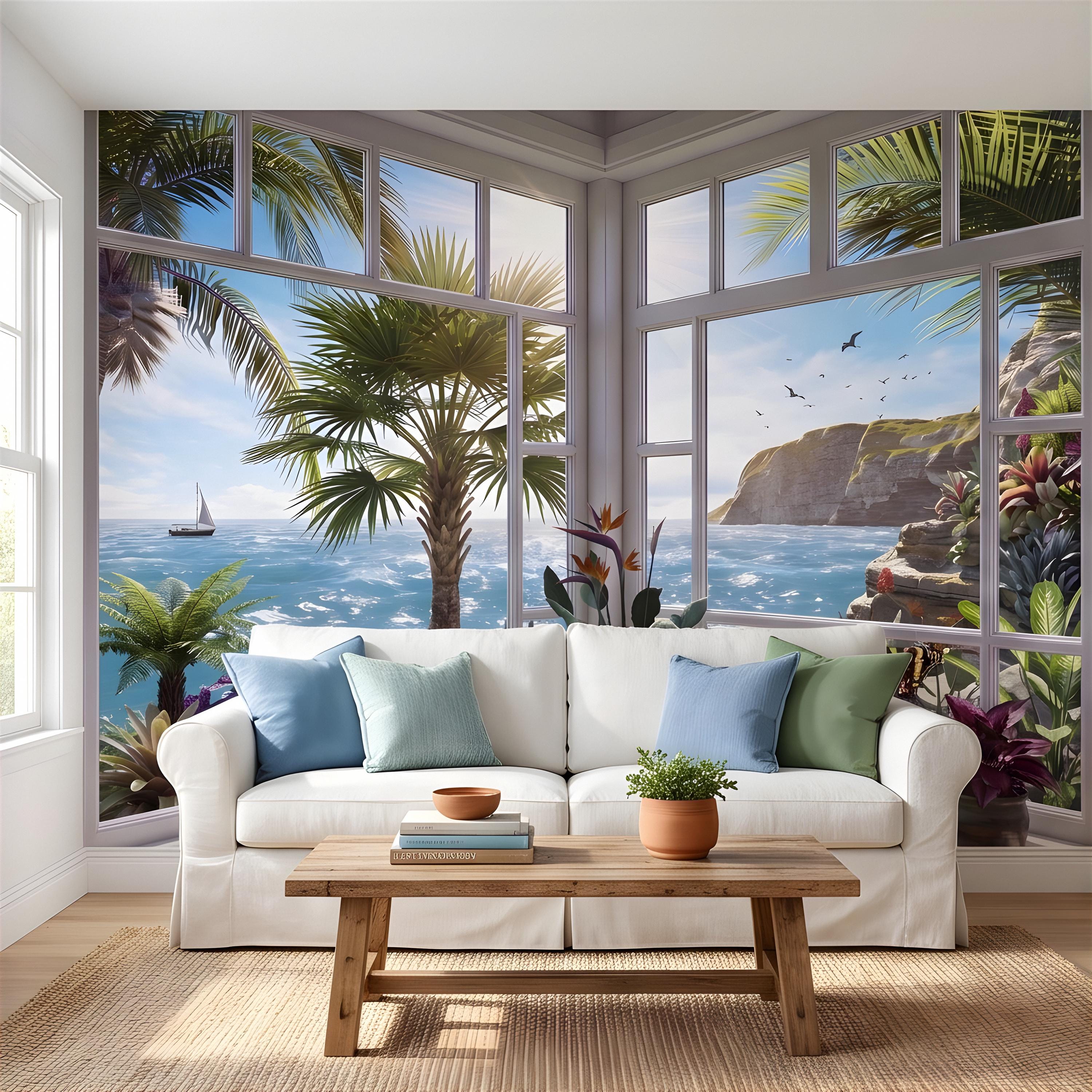 Tropical Ocean Window View Peel and Stick Wall Mural, Coastal Palm Paradise, Exotic Island Cliffs, Panoramic Seascape Wallpaper