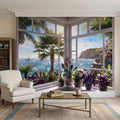 Tropical Ocean Window View Peel and Stick Wall Mural, Coastal Palm Paradise, Exotic Island Cliffs, Panoramic Seascape Wallpaper