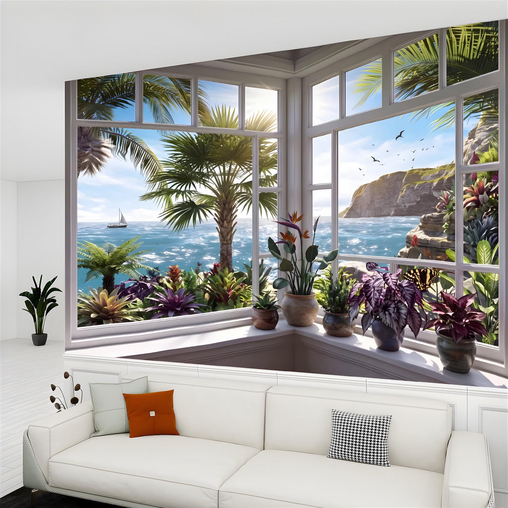 Tropical Ocean Window View Peel and Stick Wall Mural, Coastal Palm Paradise, Exotic Island Cliffs, Panoramic Seascape Wallpaper