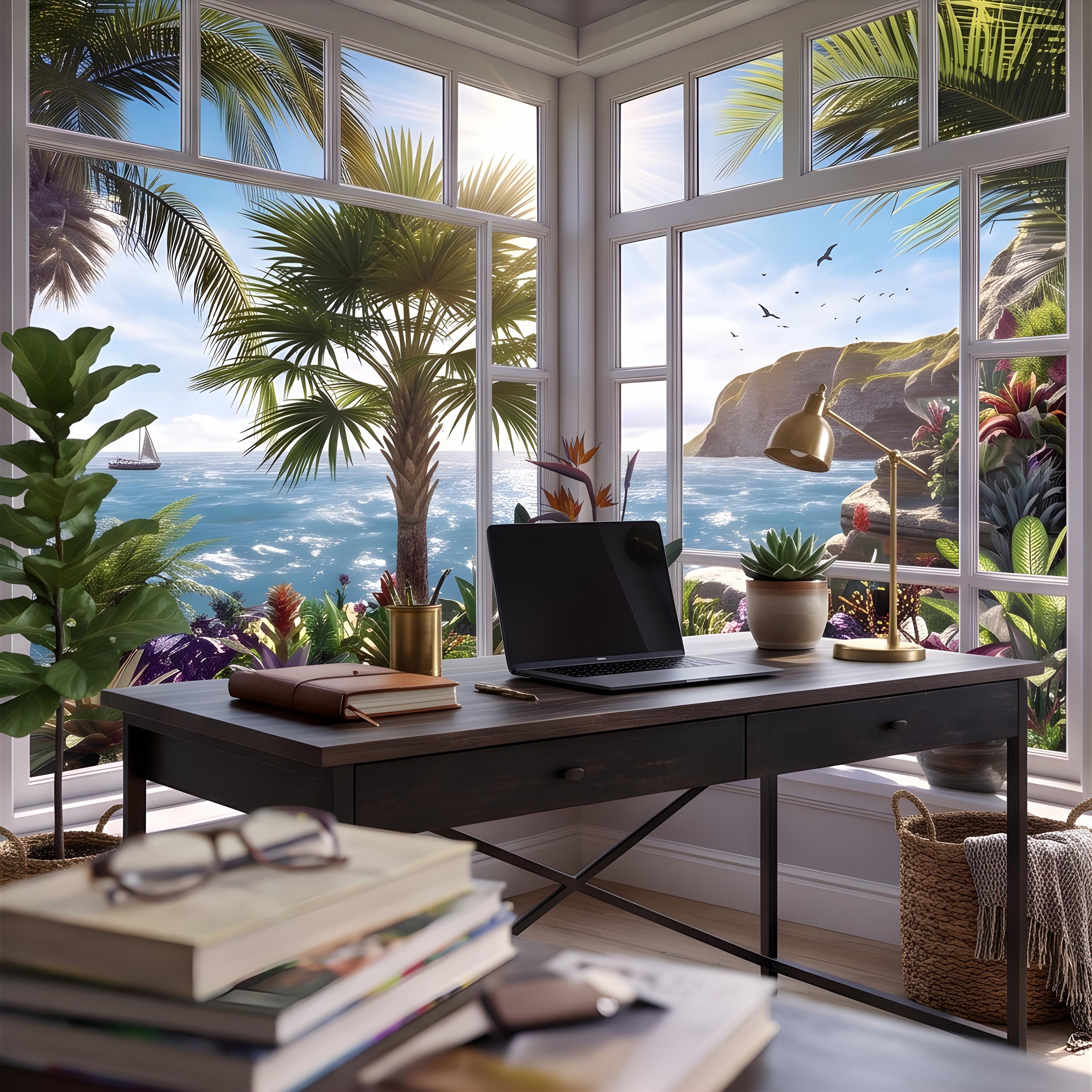 Tropical Ocean Window View Peel and Stick Wall Mural, Coastal Palm Paradise, Exotic Island Cliffs, Panoramic Seascape Wallpaper